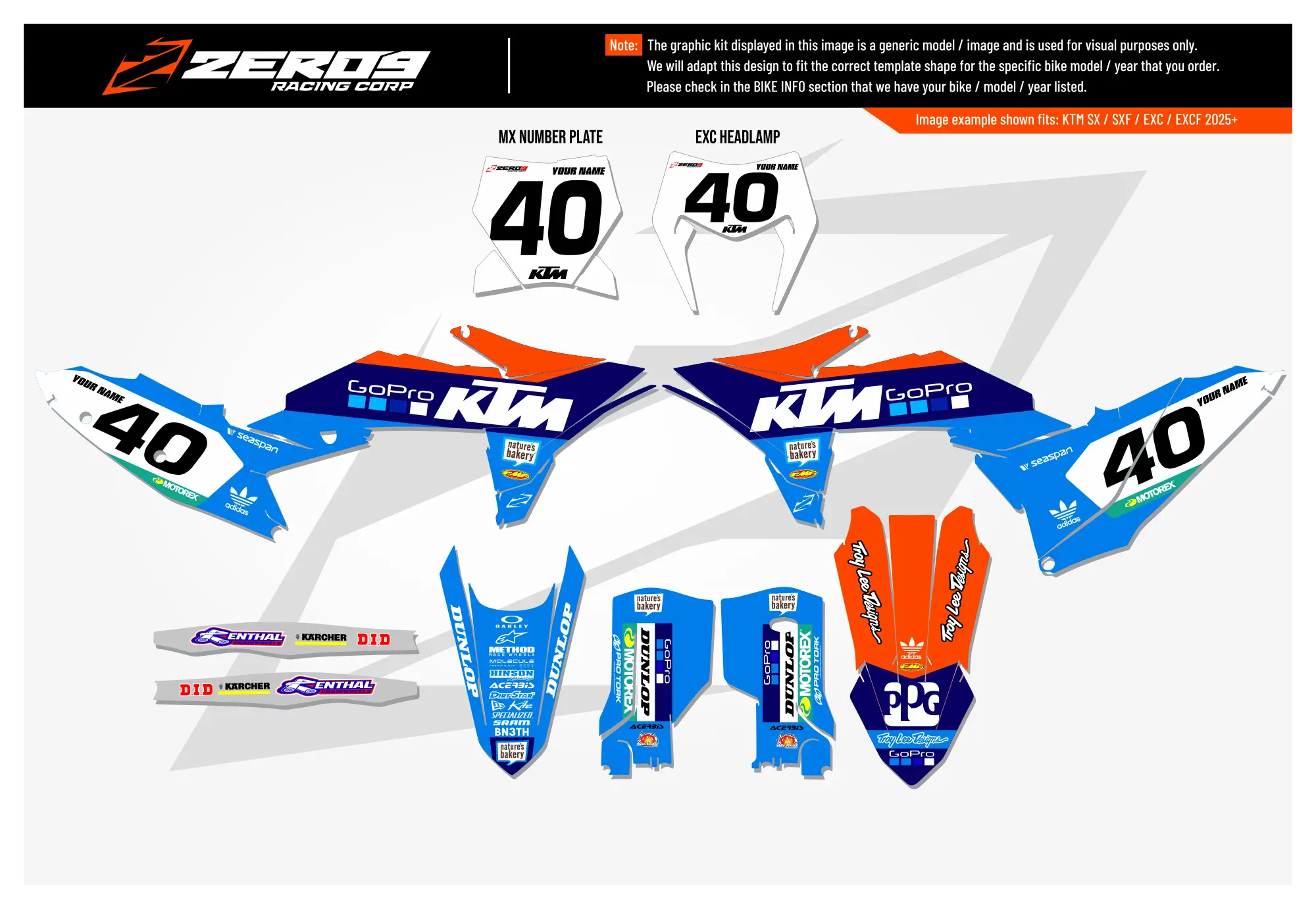 KTM motocross graphics kit – GoPro Blue design number 40 for KTM SX/SXF models.