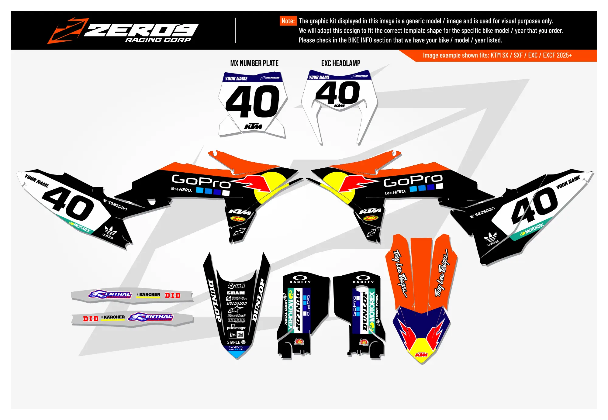 KTM motocross graphics kit GoPro Factory Black design for KTM SX models, includes bold black and orange MX decals.