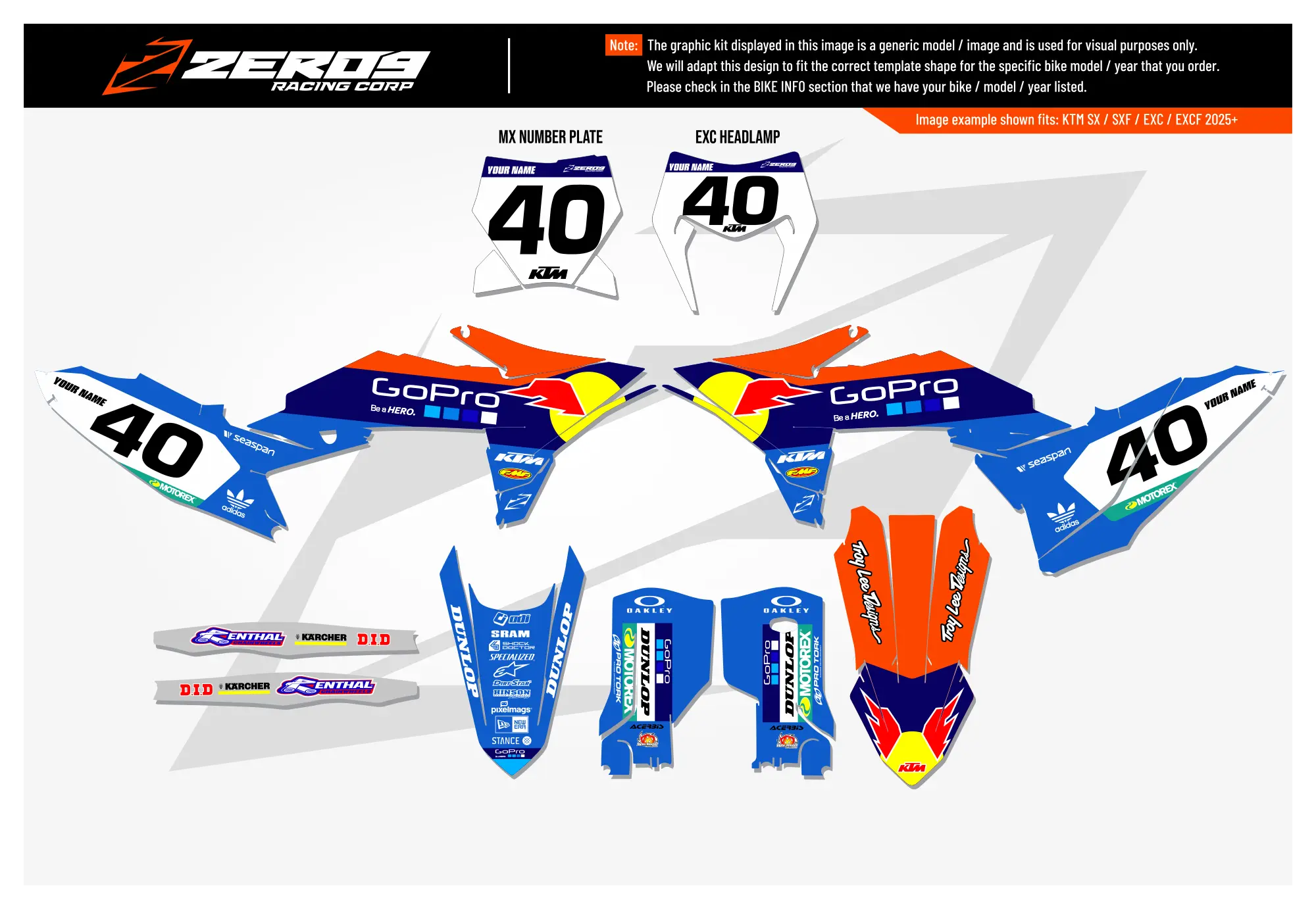 KTM motocross graphics kit – GoPro Factory Blue design for KTM SX models with Red Bull and mx decals.