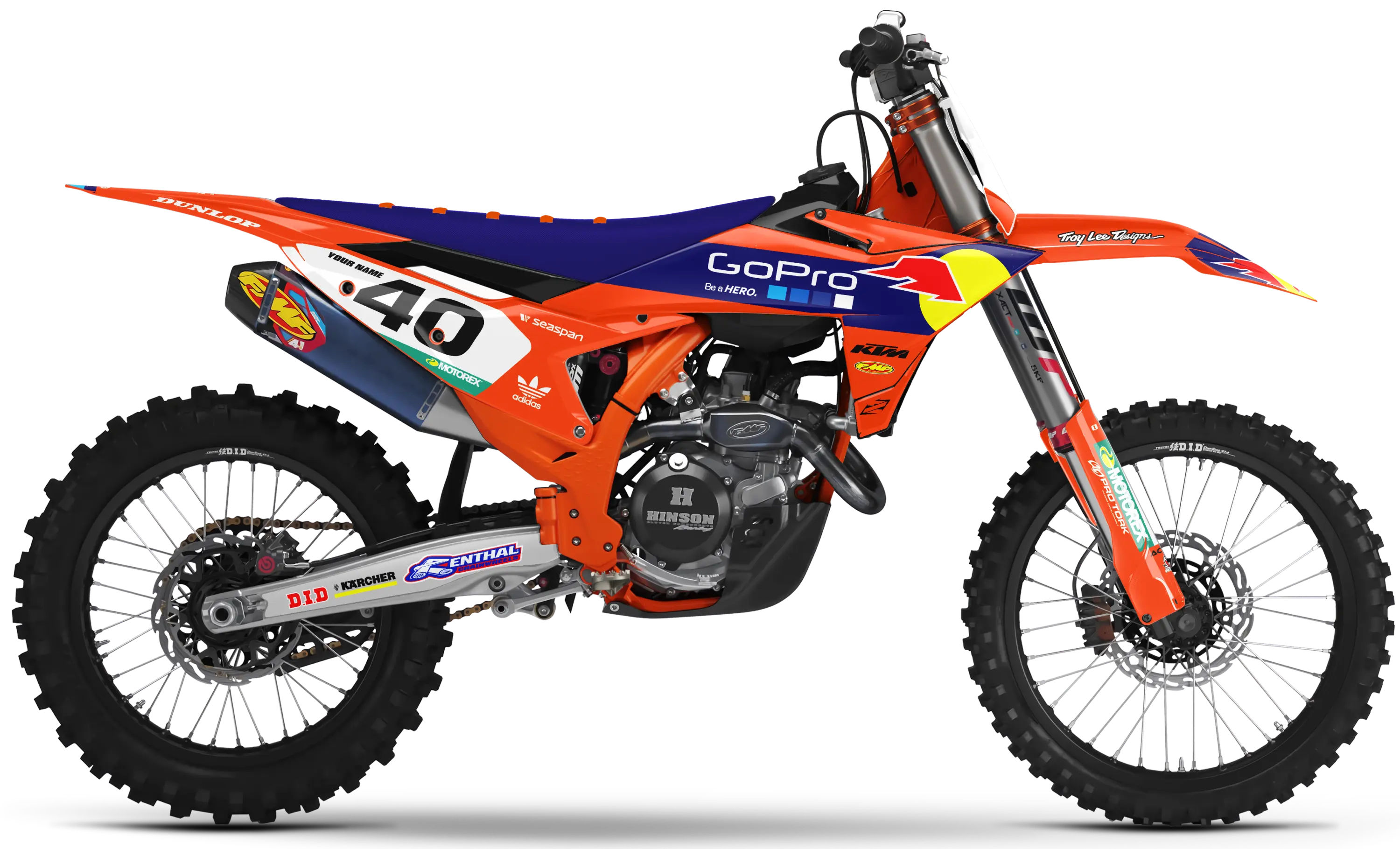 KTM Factory orange motocross graphics kit with GoPro and number 40 decals for KTM SX model.