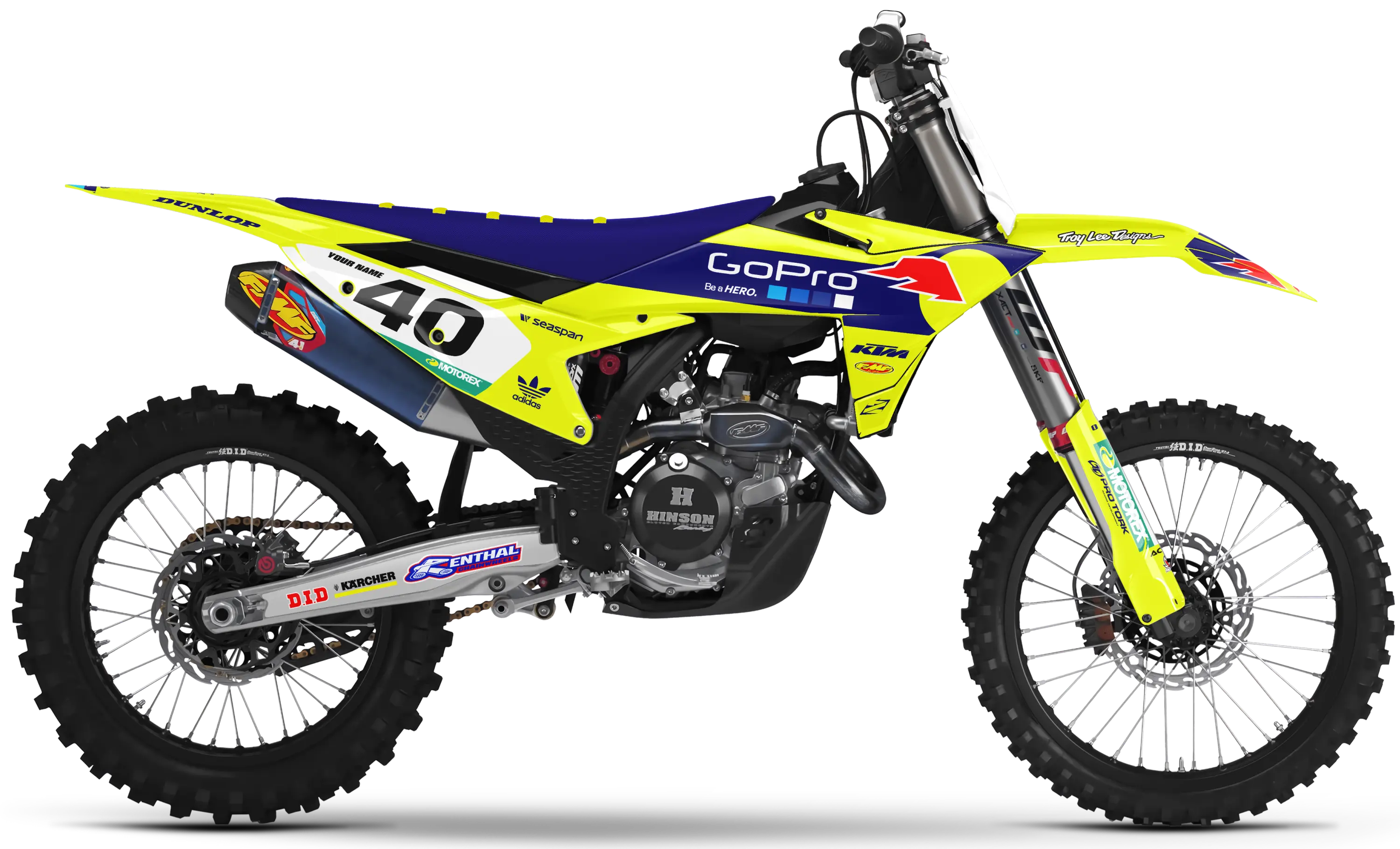 KTM motocross graphics kit GoPro Factory Vivid Yellow design on bike side panels and front fender.