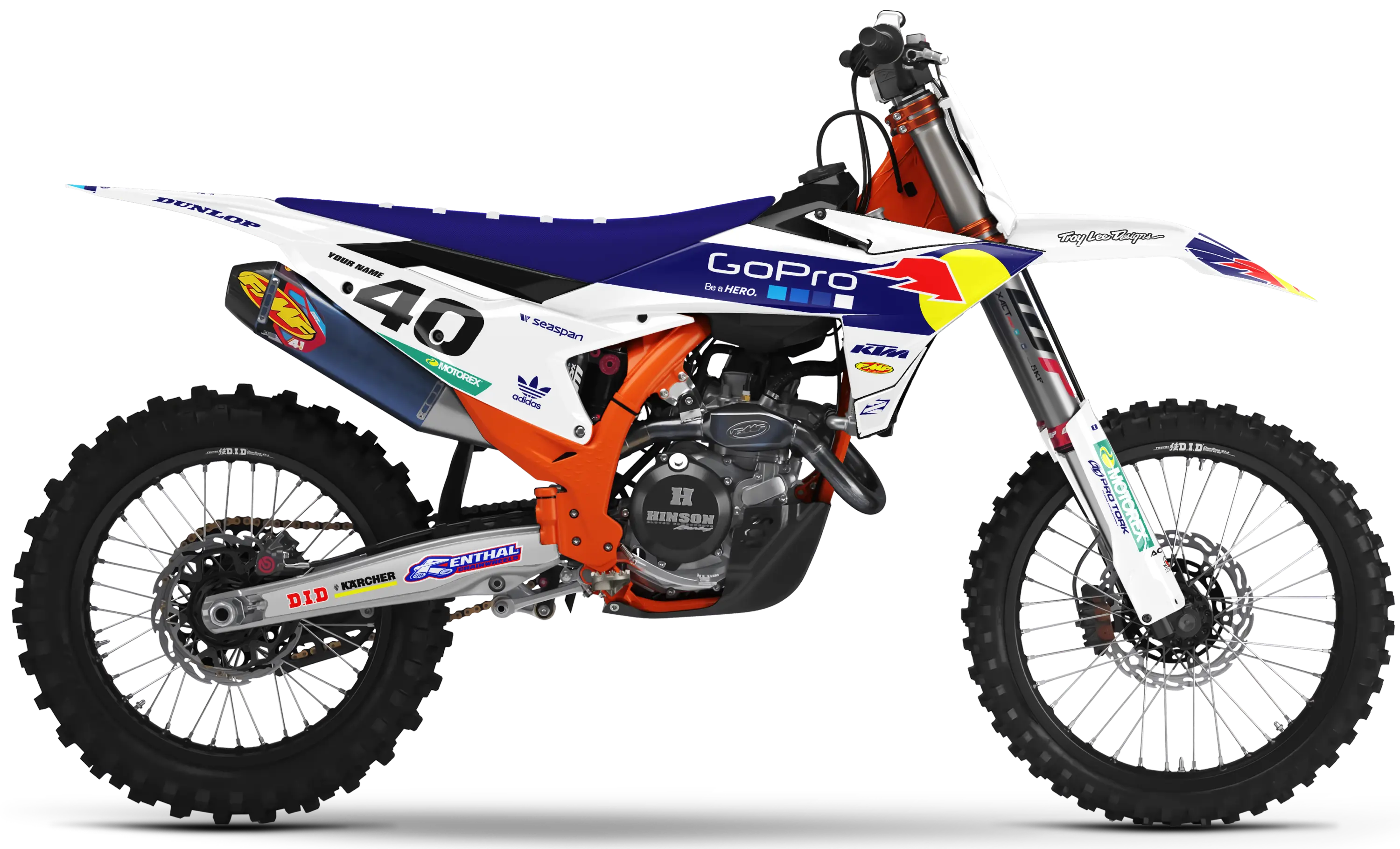 KTM motocross graphics kit – GoPro Factory White design on KTM dirt bike with number 40 decals.