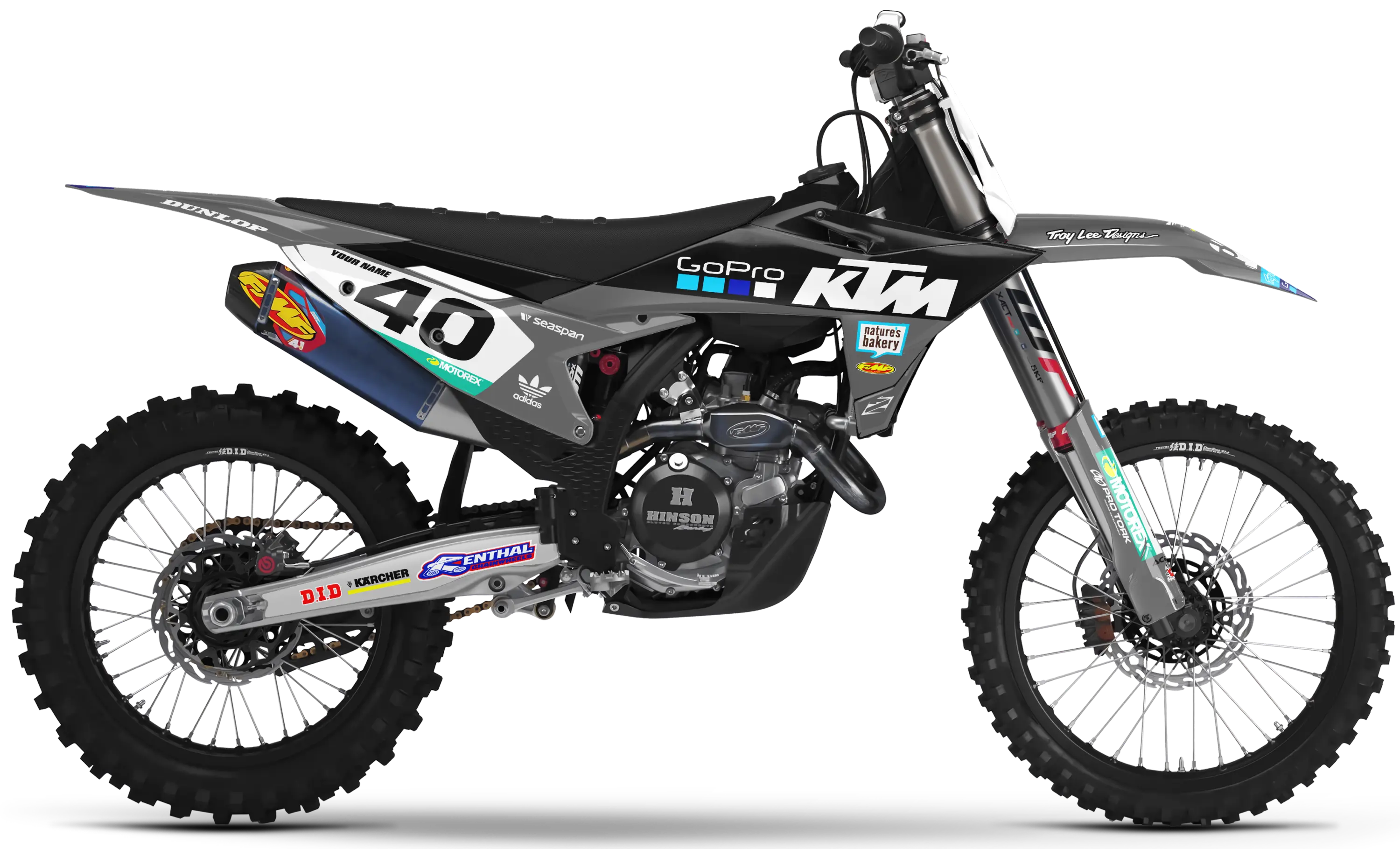 KTM motocross graphics kit GoPro Grey design on black KTM dirt bike with number 40 and sponsor logos.