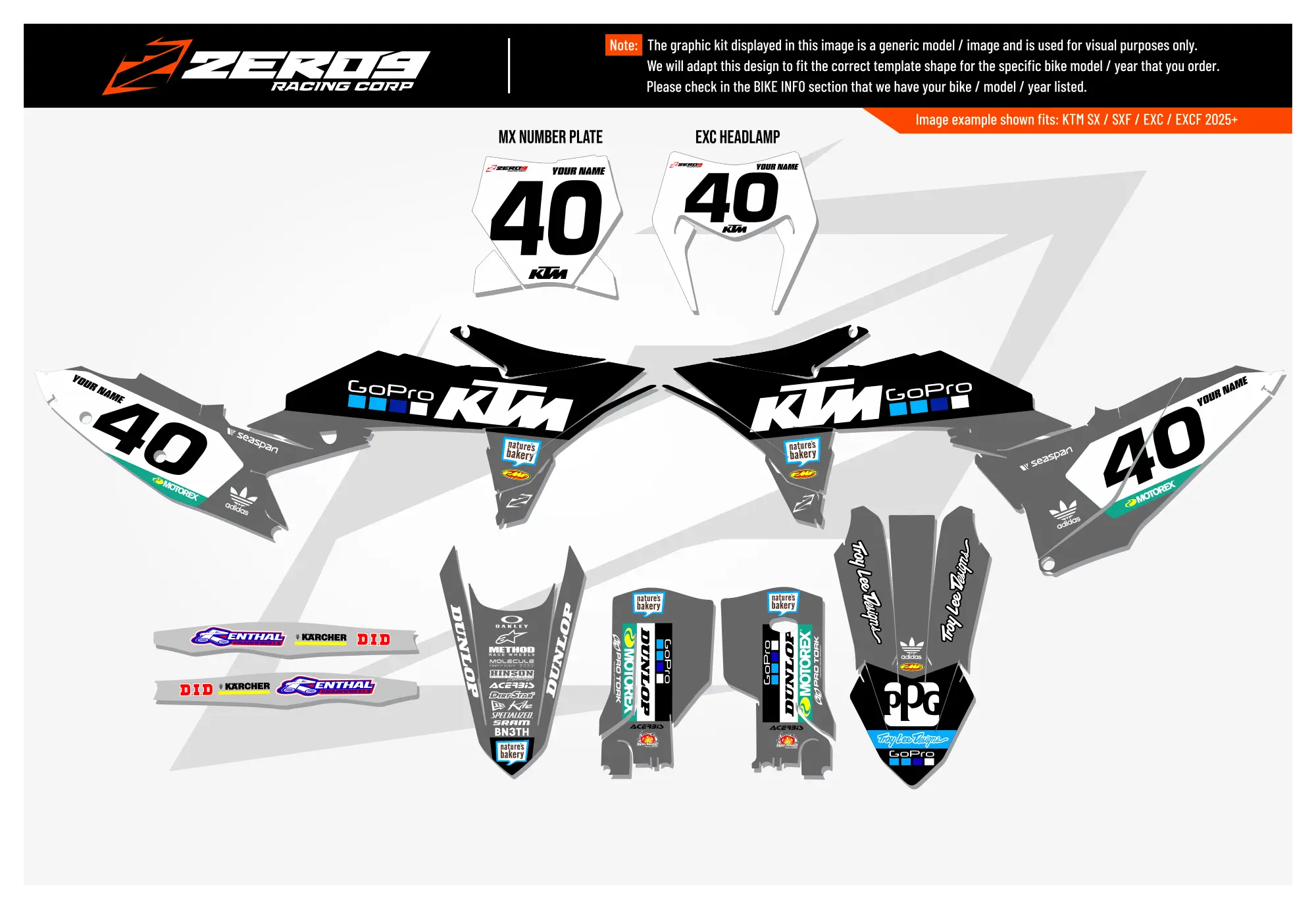 KTM motocross graphics kit GoPro Grey design featuring black, white, and red accent decals for KTM SX models.