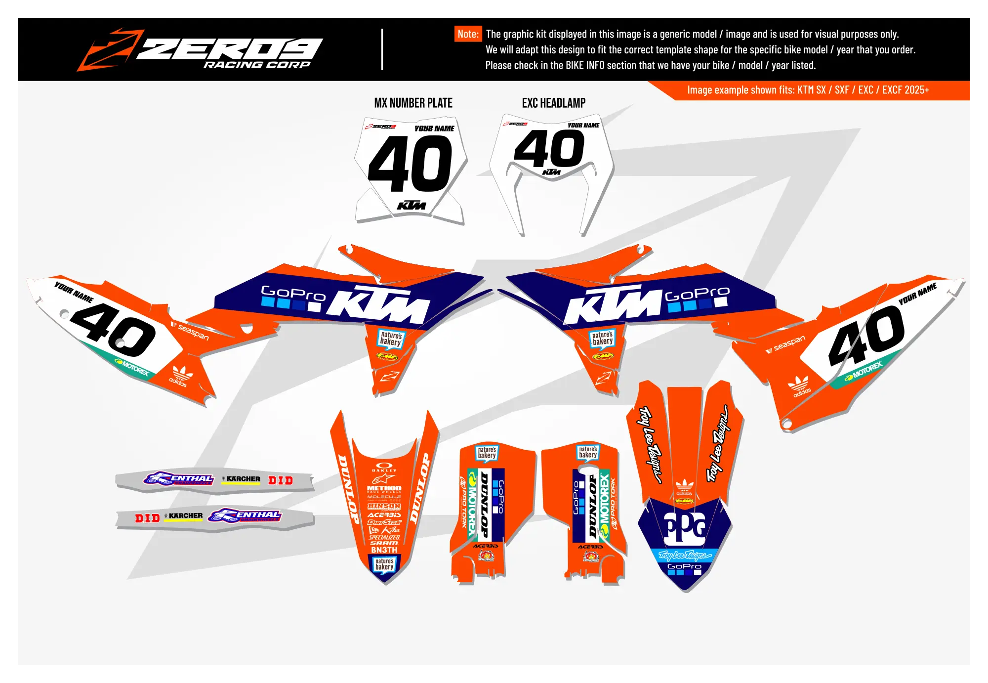 KTM motocross graphics kit – GoPro Orange design with race number 40 and KTM logo decals.