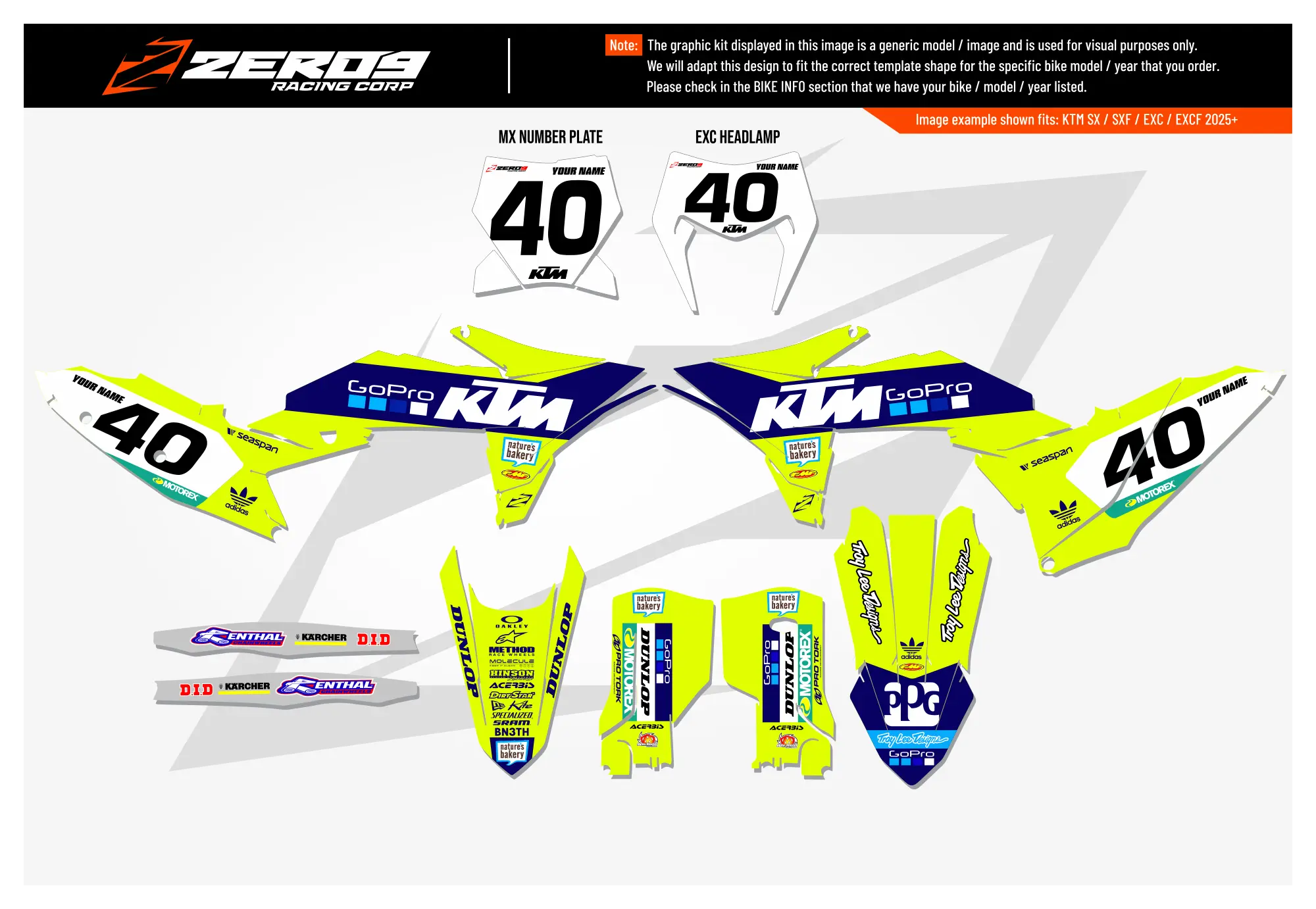 KTM motocross graphics kit GoPro Vivid Yellow design with black and white accents for KTM models.