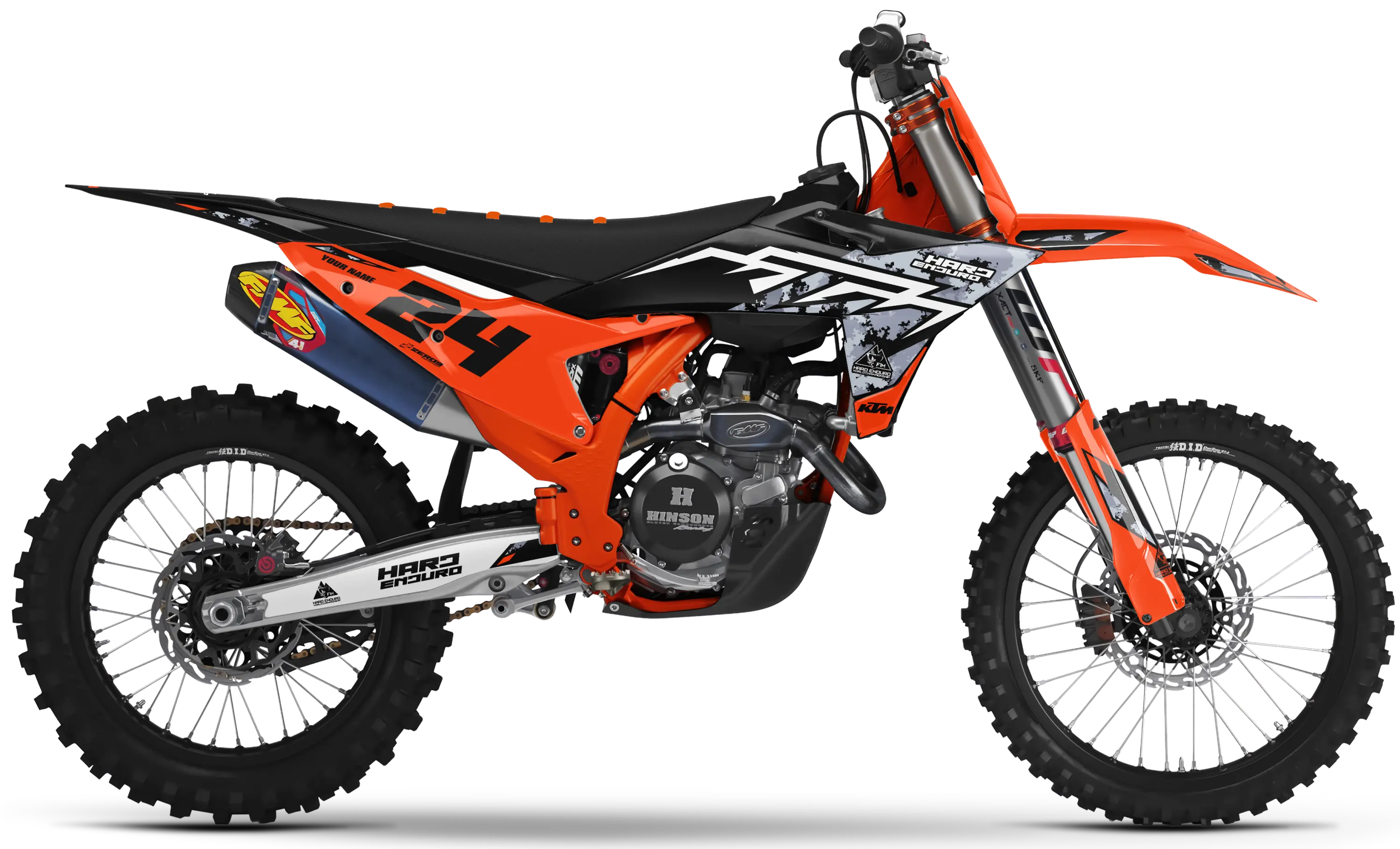 KTM hard enduro graphics kit – black, orange, and white design on KTM 250 motorcycle with Red Bull decals.