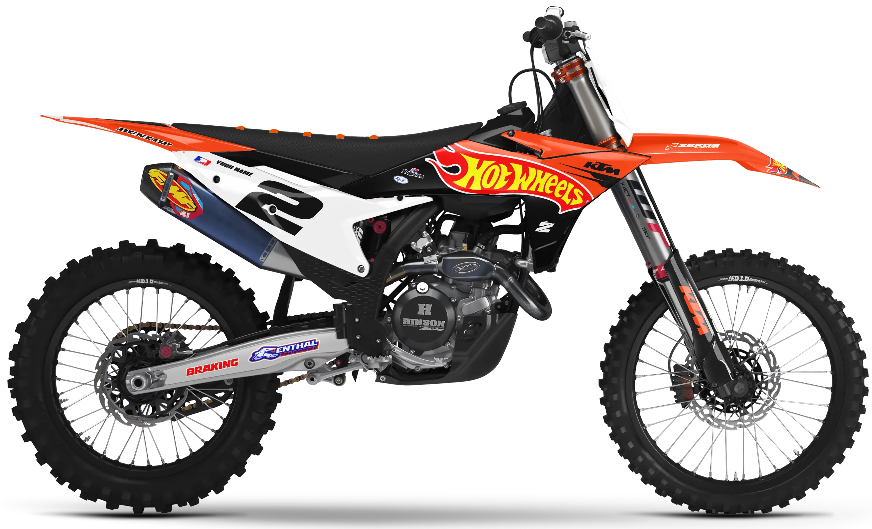 KTM motocross graphics kit Hot Wheels design on black and orange bike with number 2 decal.