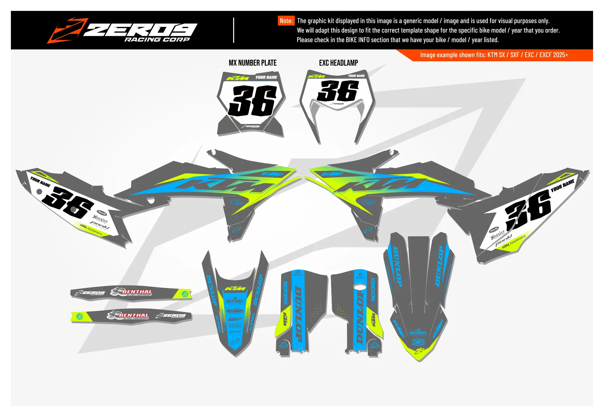 KTM motocross graphics kit Kaos Grey/Vivid Yellow design includes side number plates, front fender, and shroud decals.