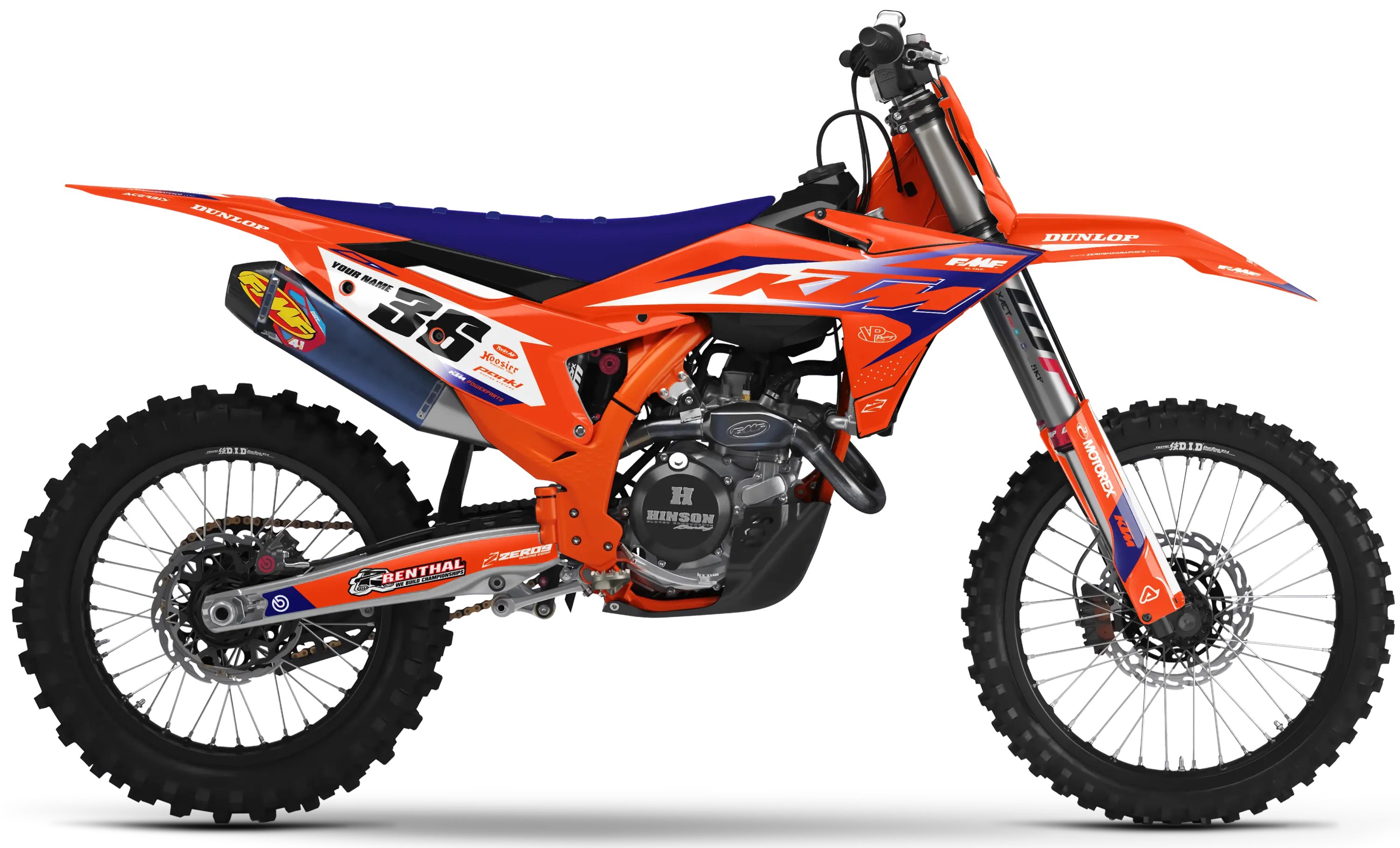 KTM motocross graphics kit Kaos Orange/Blue on KTM SX with bold orange and blue MX decals.