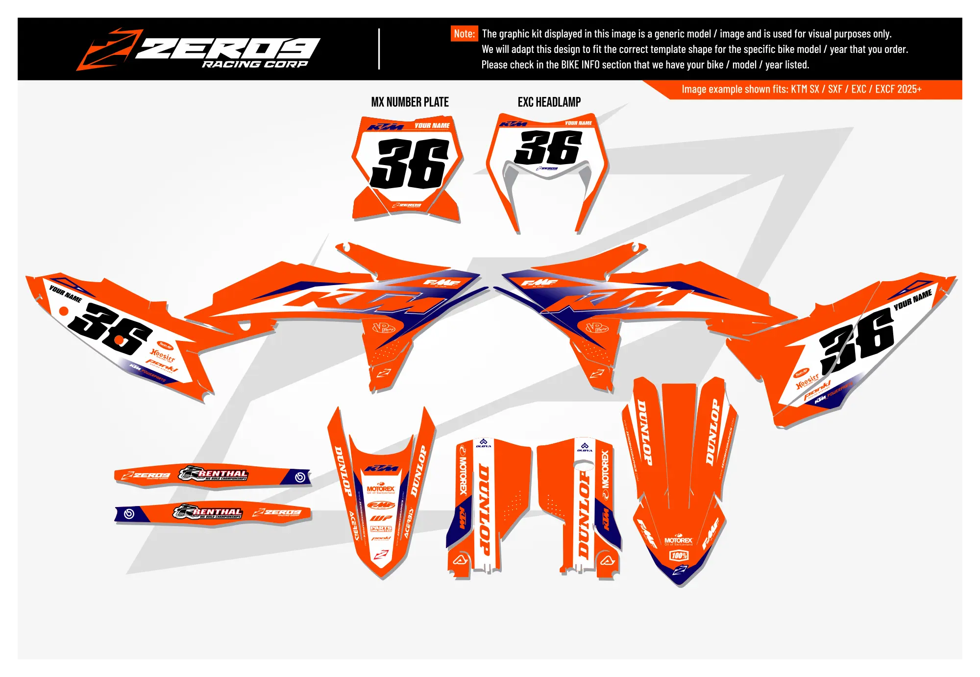 KTM motocross graphics kit – Kaos Orange/Blue design for KTM models including number plate decals and fender graphics.