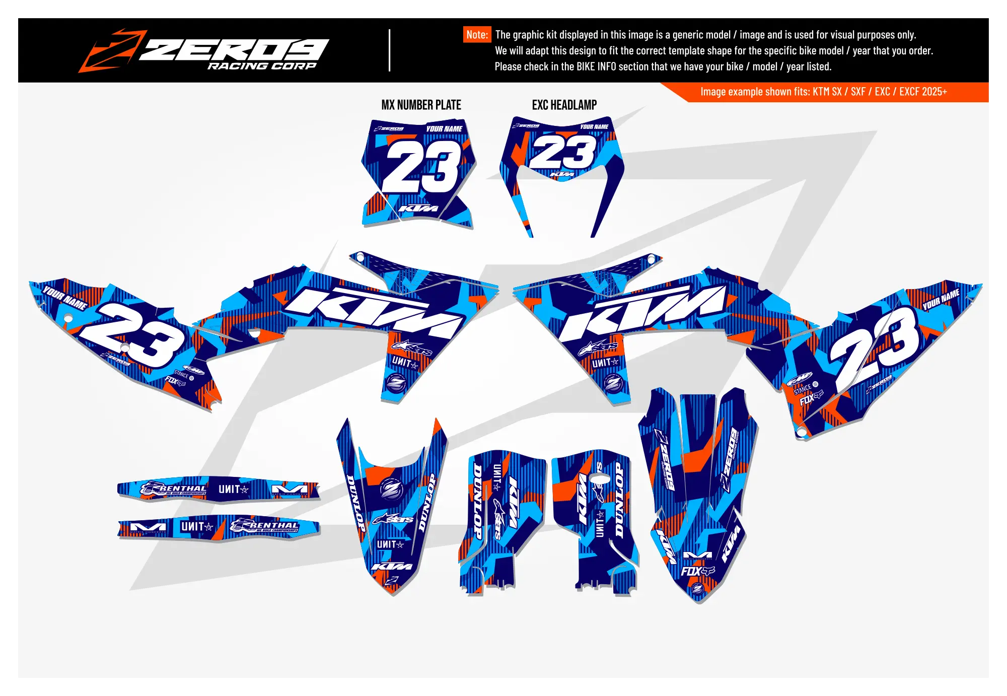 KTM motocross graphics kit Lazr Blue/Orange design featuring number 23 decals for KTM SX models.