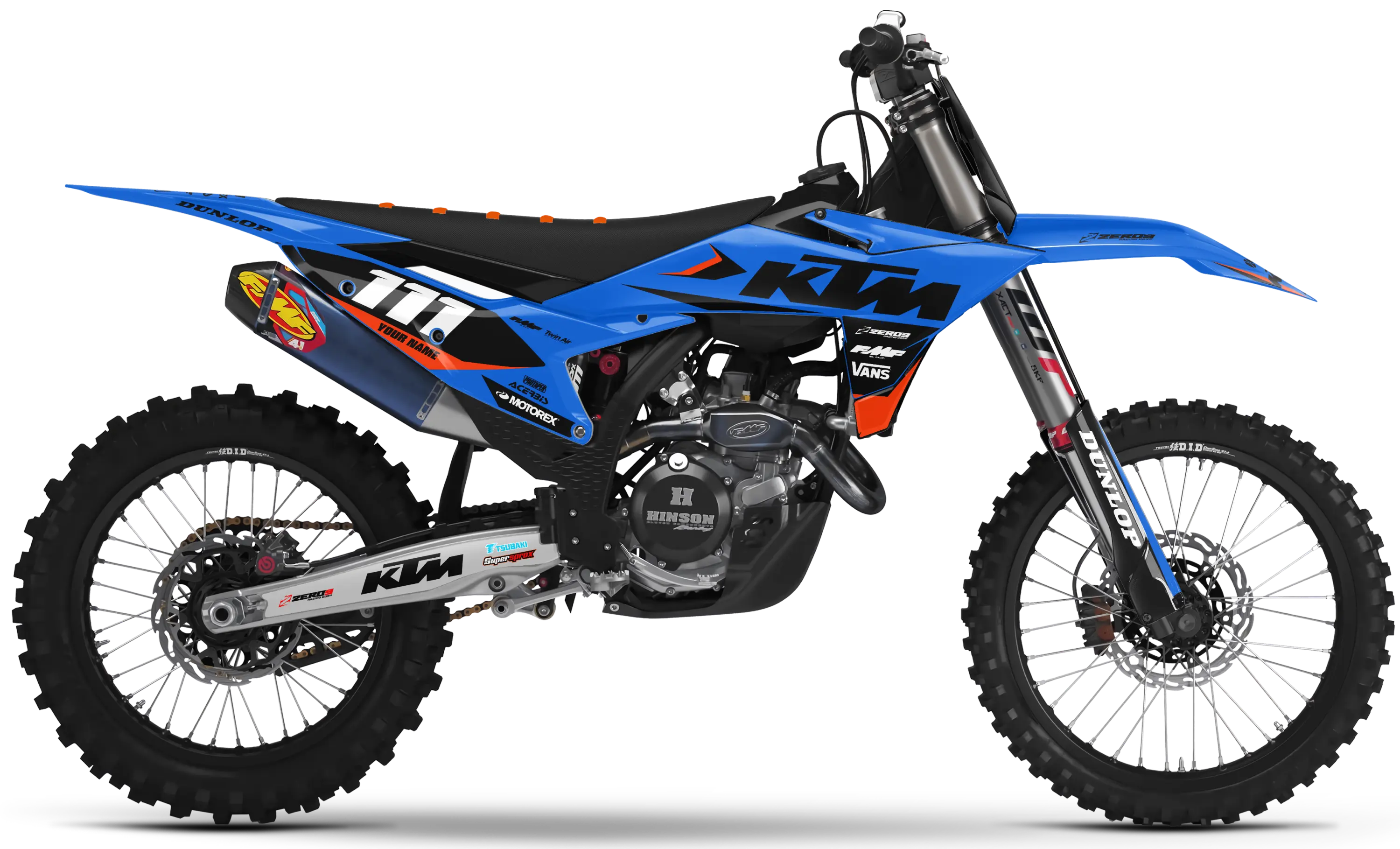 KTM motocross graphics kit Legion Blue design on KTM mini motocross bike, blue and black MX decals.