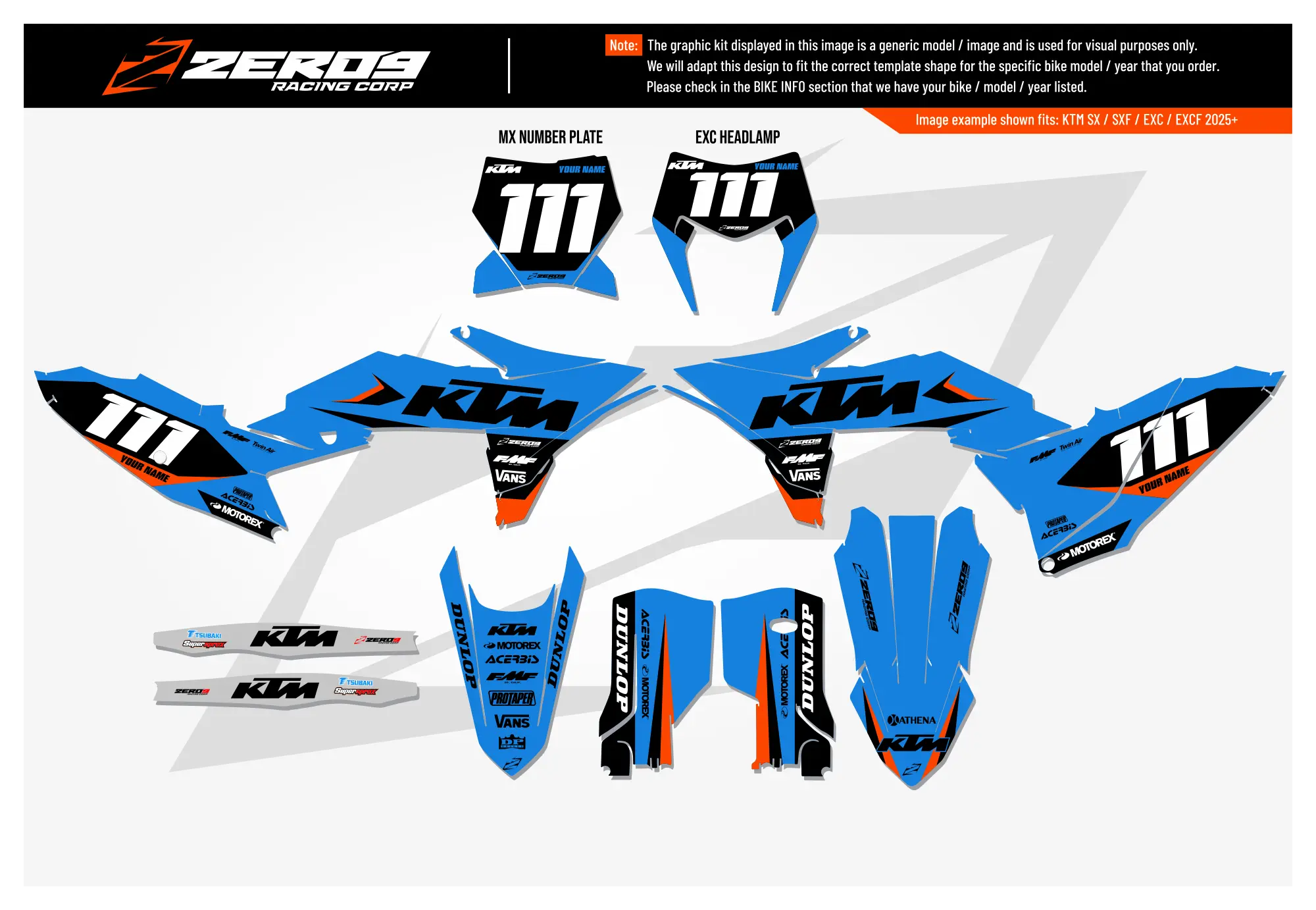 KTM motocross graphics kit Legion Blue design for KTM SX/SXF includes number plates and fender decals.