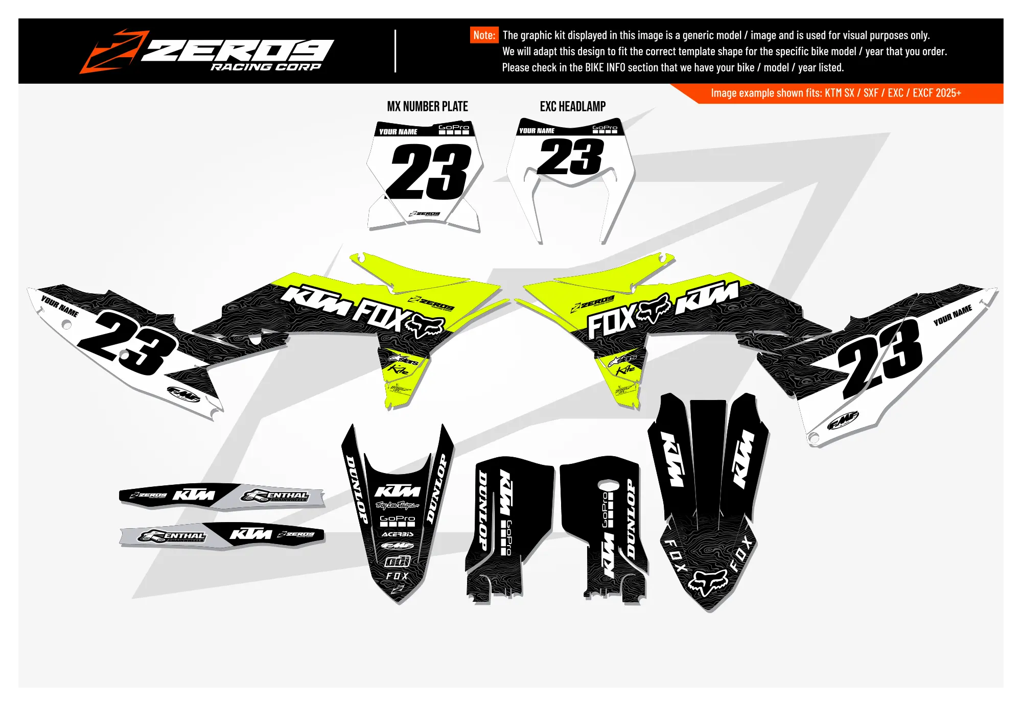 KTM graphics kit – Mist Vivid Yellow – flat lay – #23 – motocross.