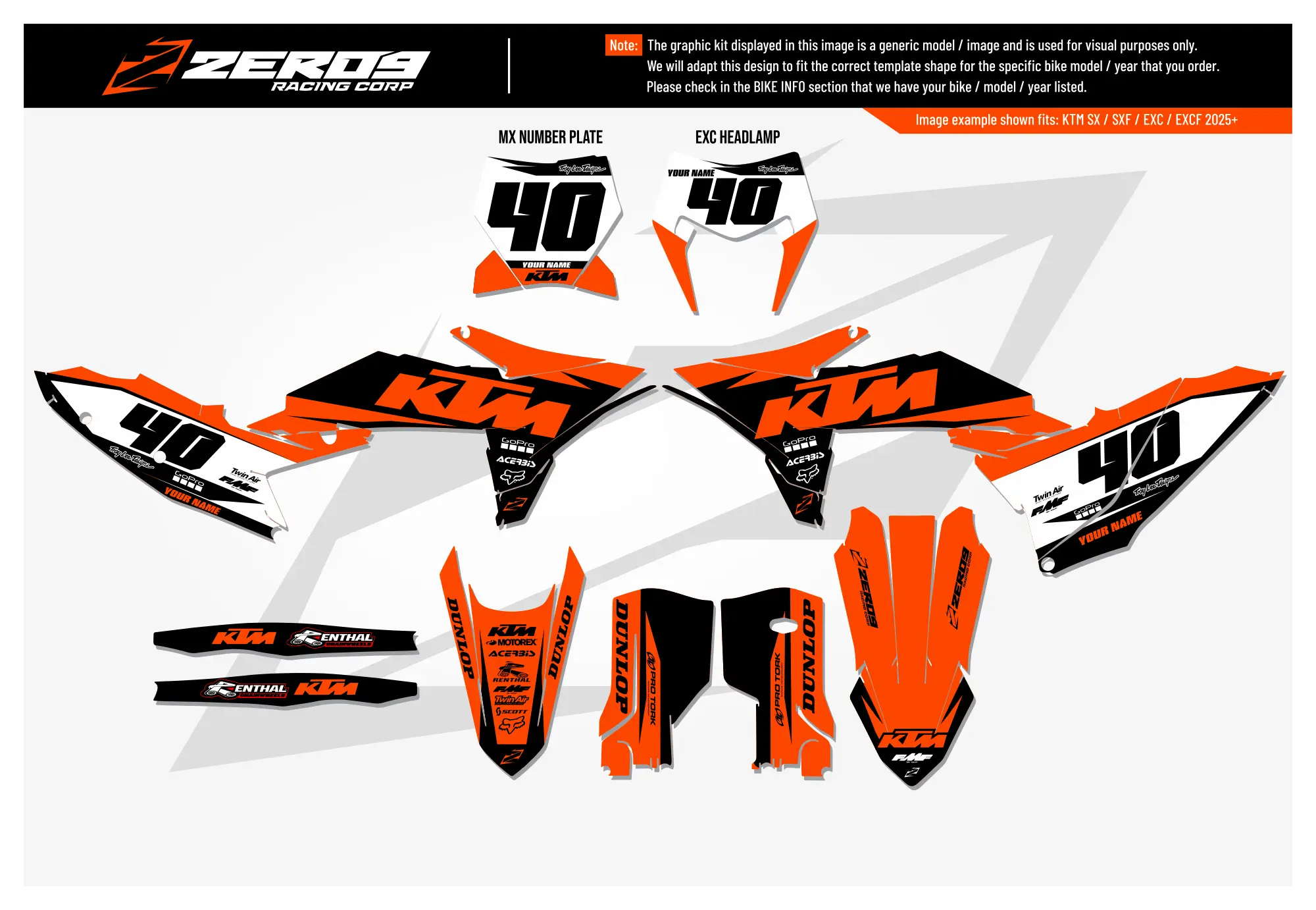 KTM graphics kit – orange/black fade – flat lay – #40 – SX motocross.