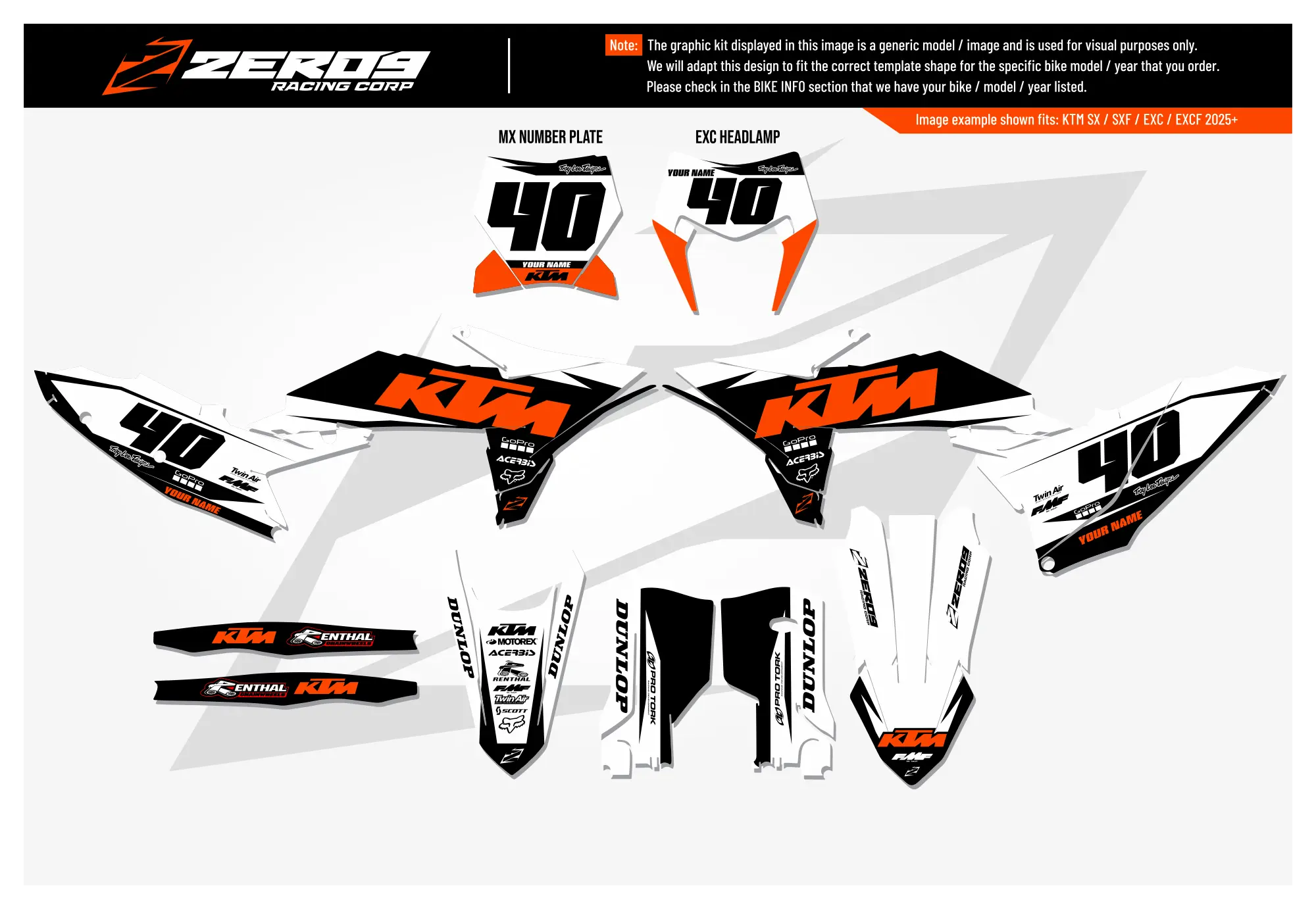 KTM graphics kit – Prime White – block design – motocross – flat lay – #40.