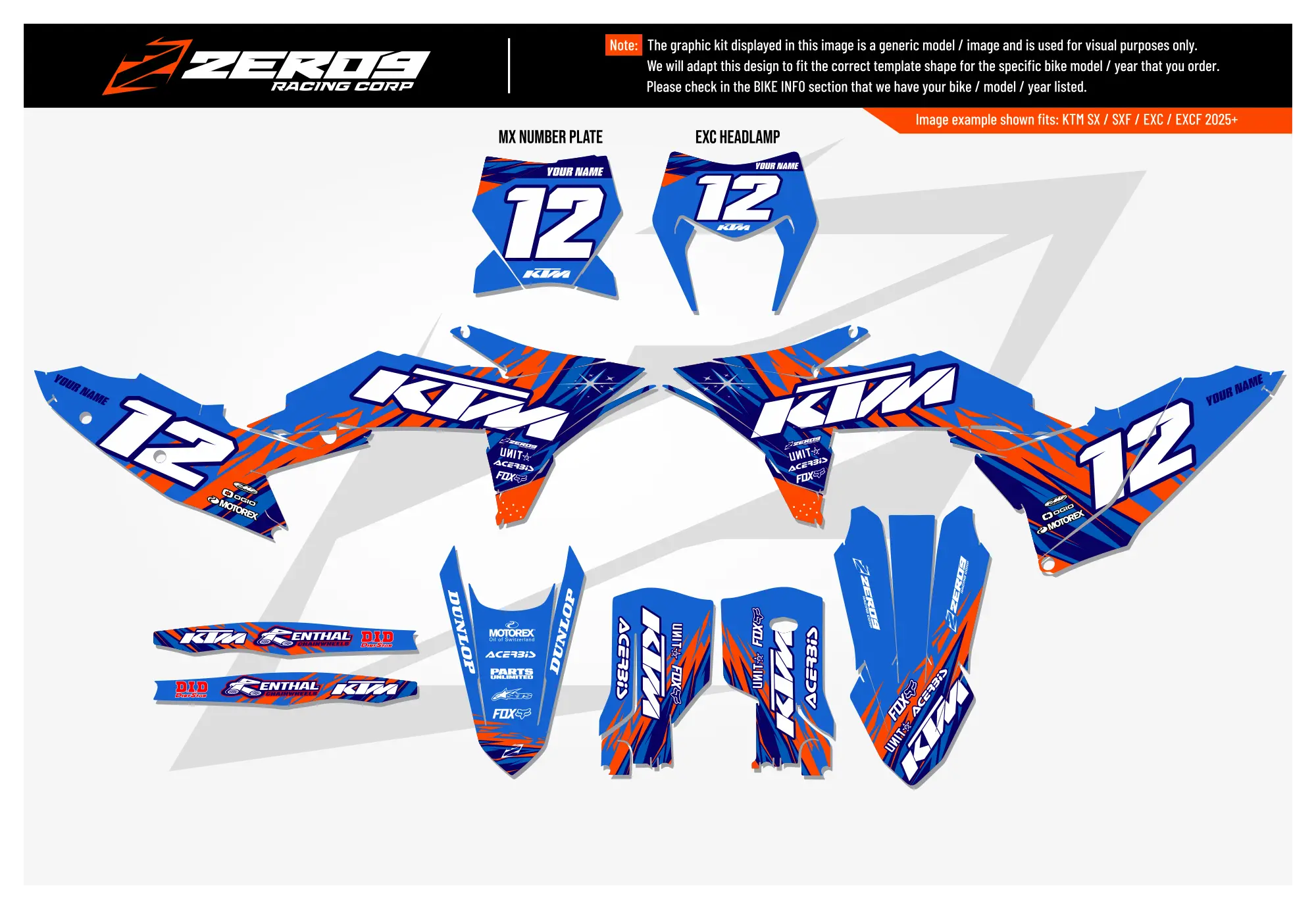KTM graphics kit – Rage Blue – block design – motocross.