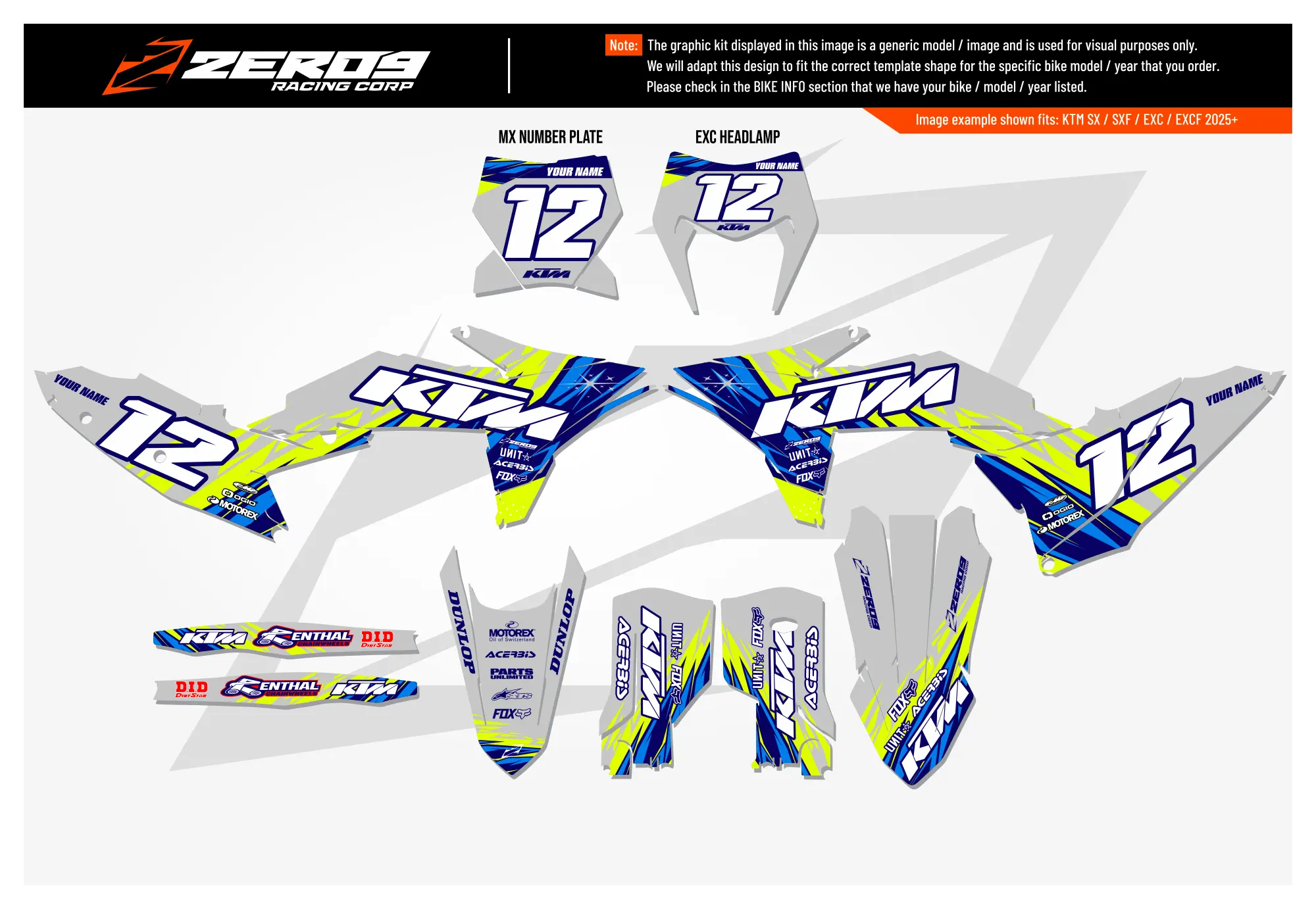 KTM graphics kit – Rage Light Grey – custom motocross graphics – flat lay – #12 – SX motocross.