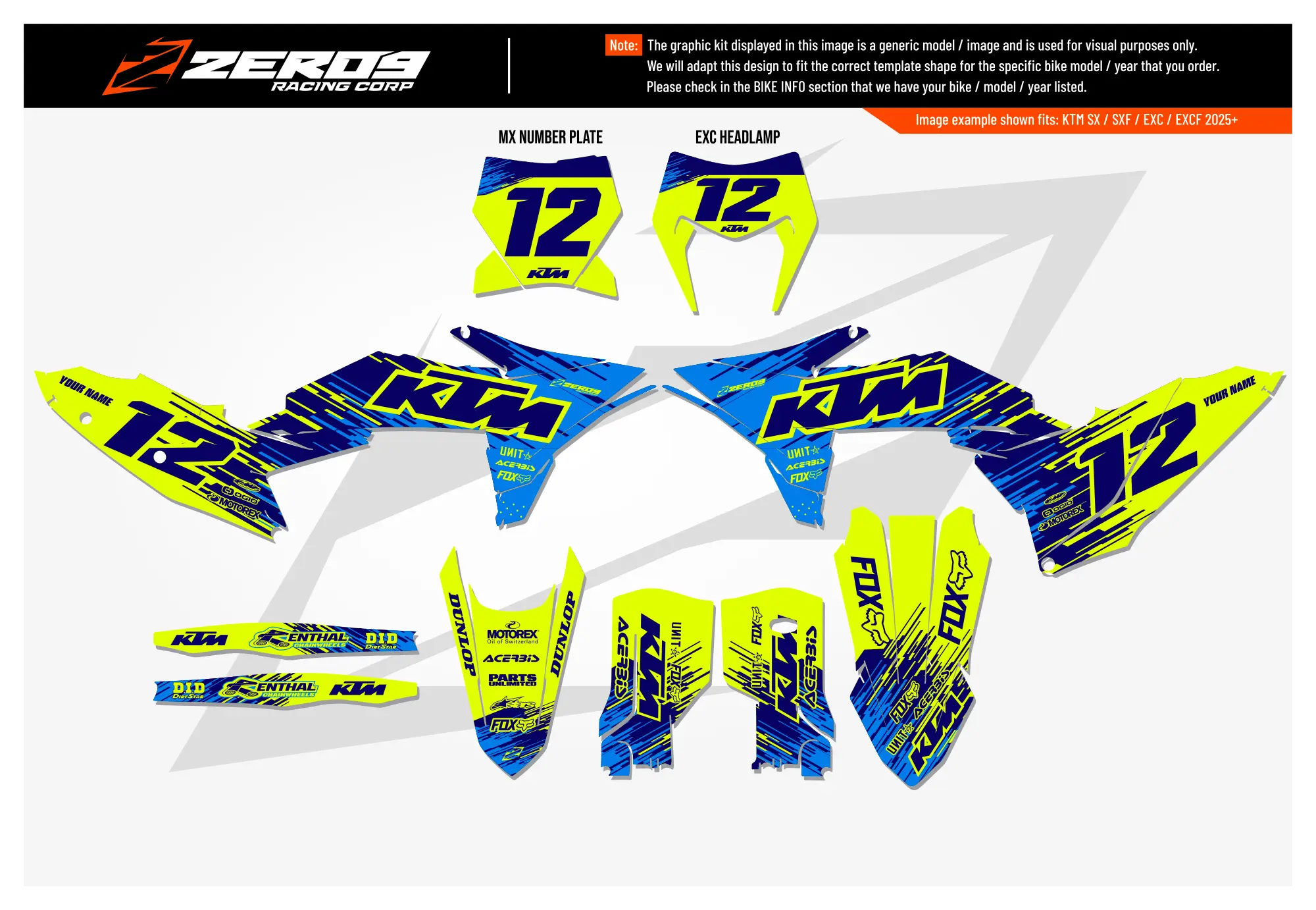 KTM graphics kit – Raid Blue/Vivid Yellow – block design – motocross.