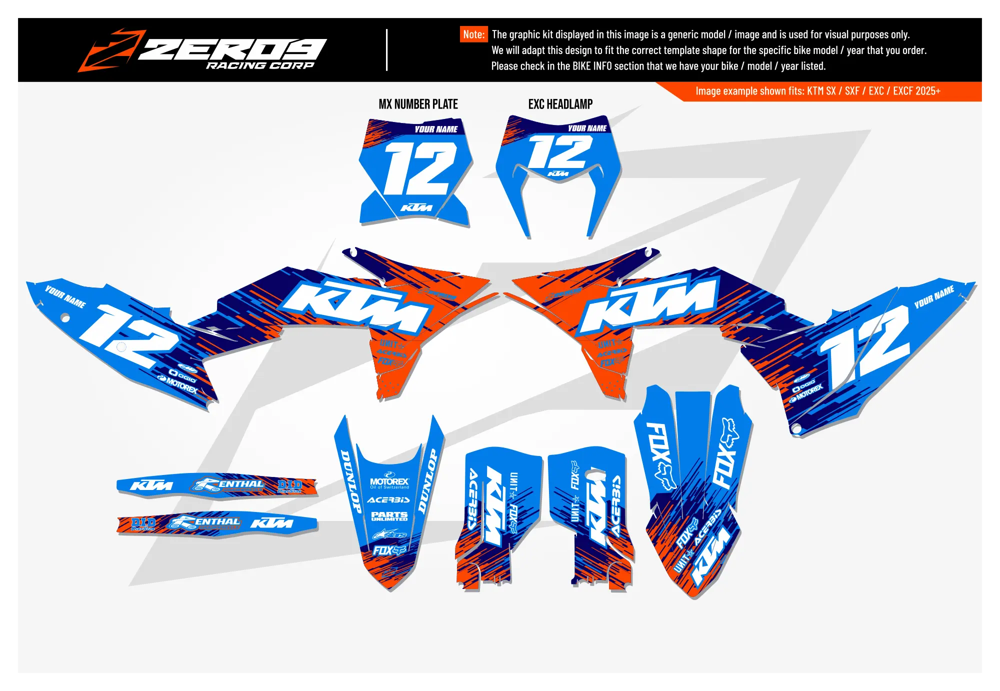 KTM graphics kit – Raid Orange/Blue – factory design – motocross – flat lay – #12.