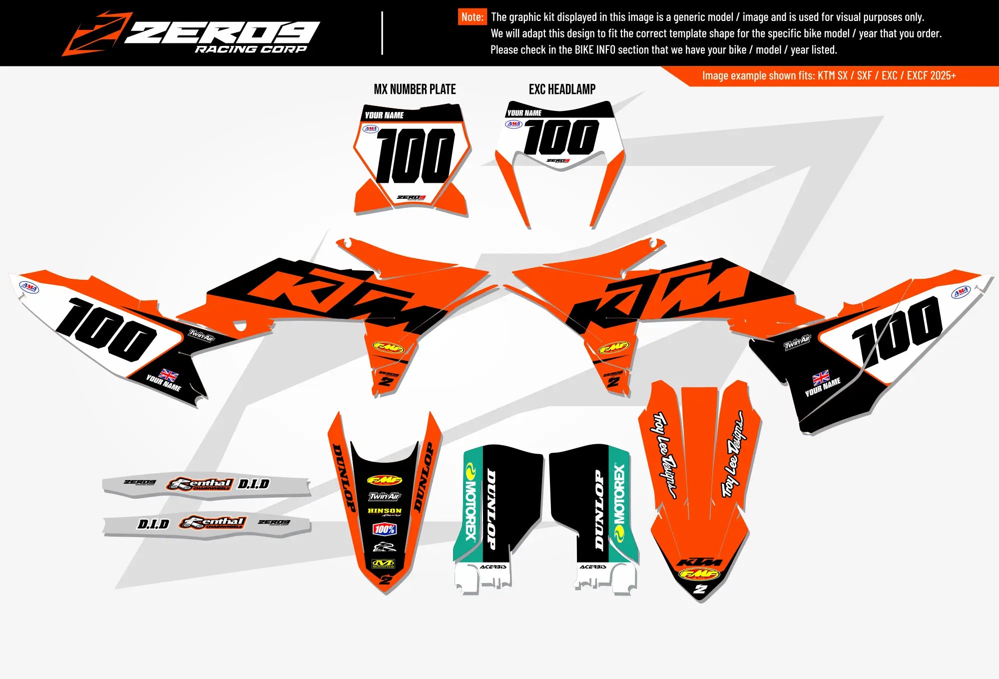 KTM graphics kit – Retro 04 orange/black – flat lay – #100 – SX motocross.
