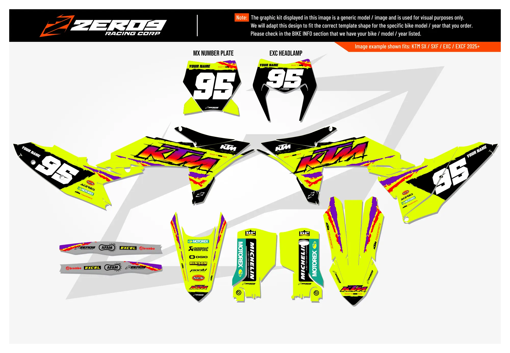 KTM graphics kit – Retro 95 Vivid Yellow – block design – motocross – flat lay – #95.