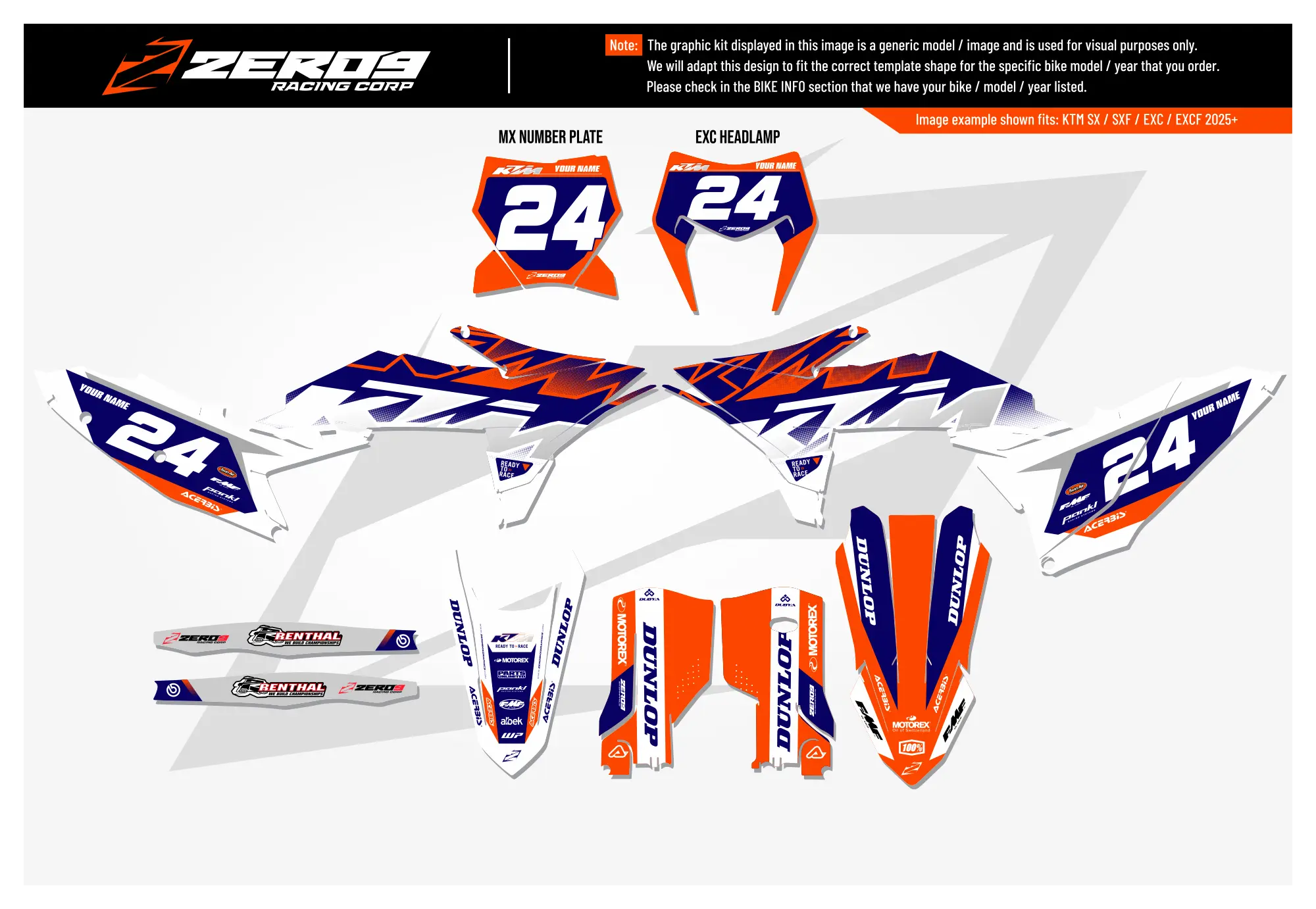 KTM graphics kit – Sync Blue/White – block design – motocross.