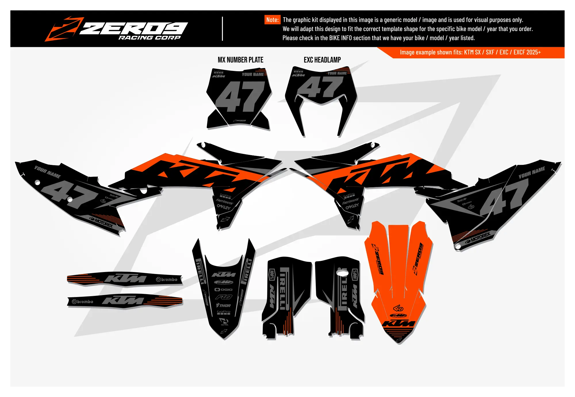 KTM graphics kit – Volt Black/Orange – factory design – SX motocross – flat lay – #47.
