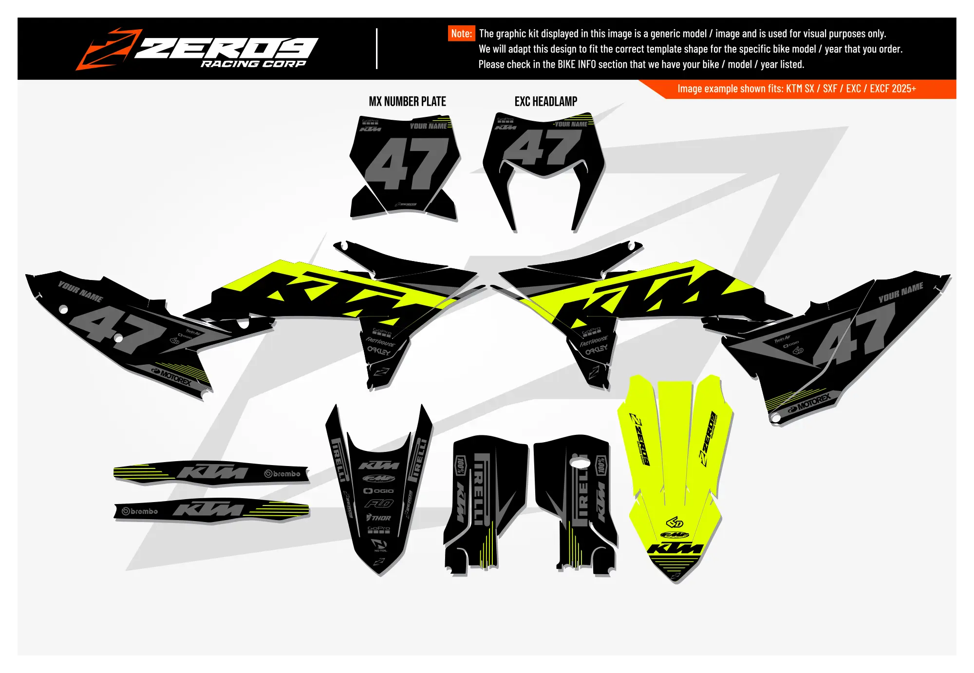 KTM graphics kit – Volt Black/Vivid Yellow – block design – motocross.