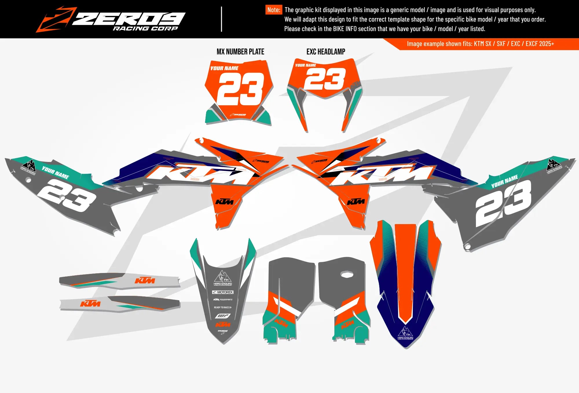 KTM graphics kit – Wess 21 orange/blue block – factory design – SX motocross.