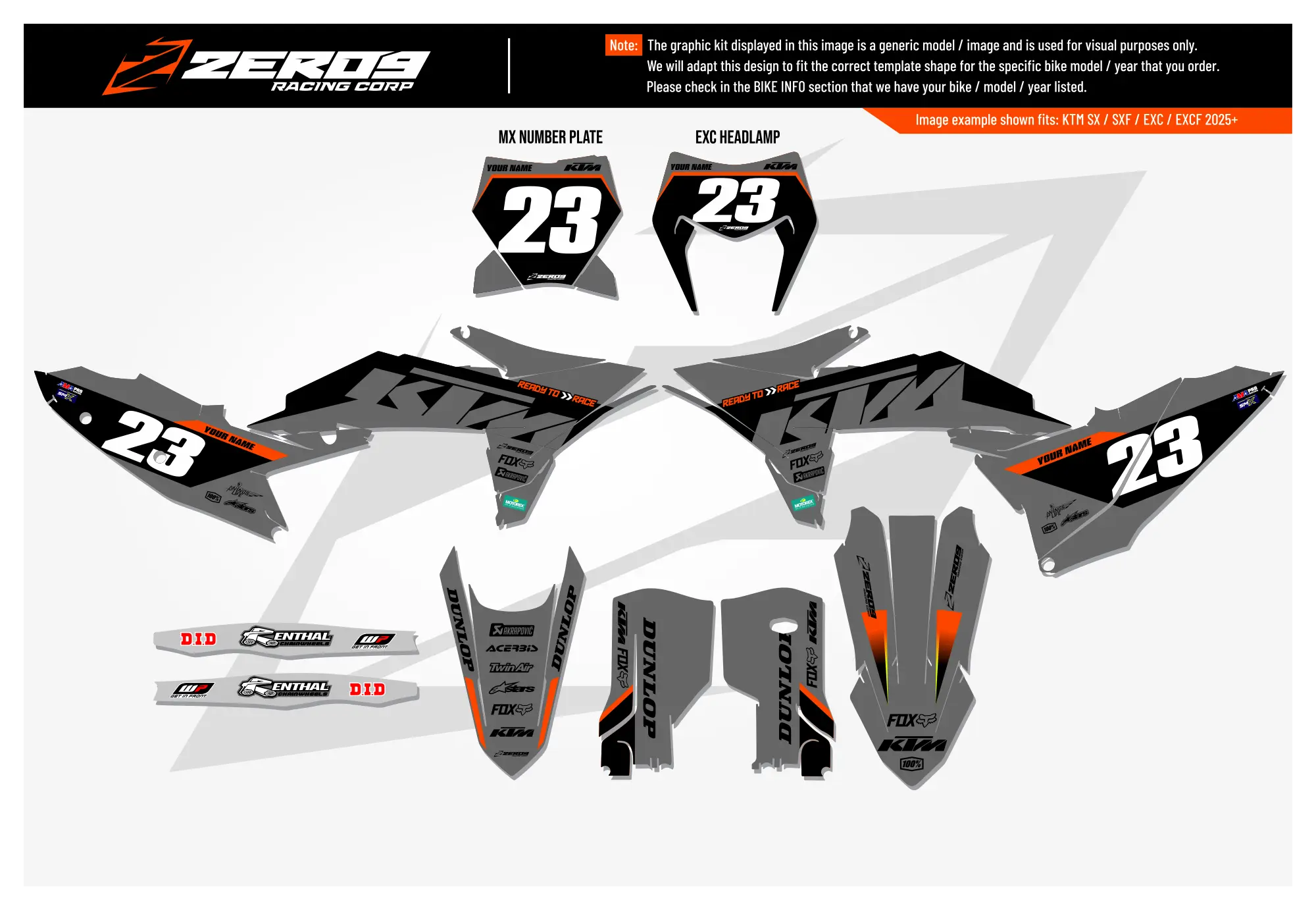 KTM graphics kit – Zeta Grey – block design – motocross – flat lay – #23.