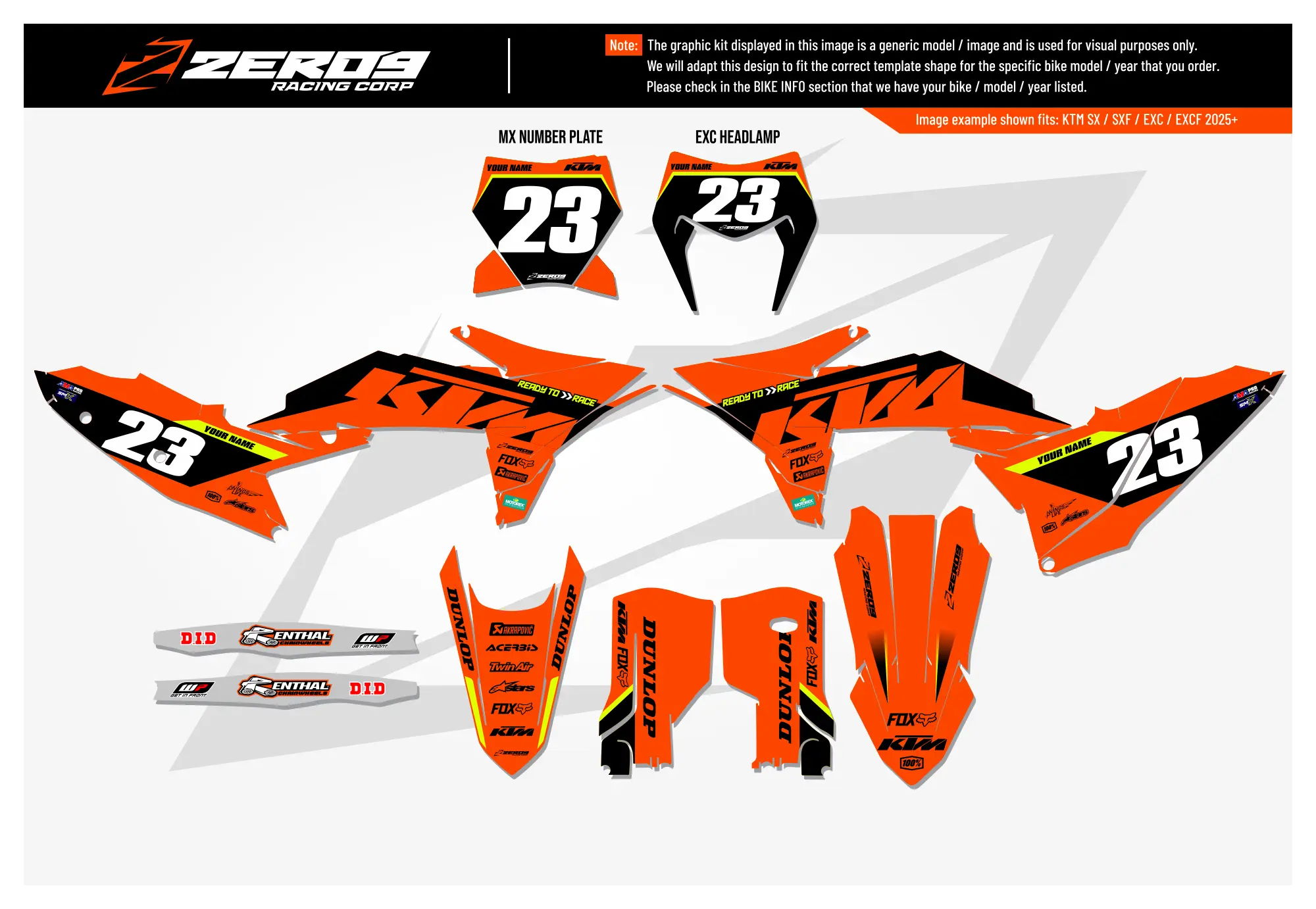 KTM graphics kit – orange/black fade – flat lay – #23 – SX motocross.