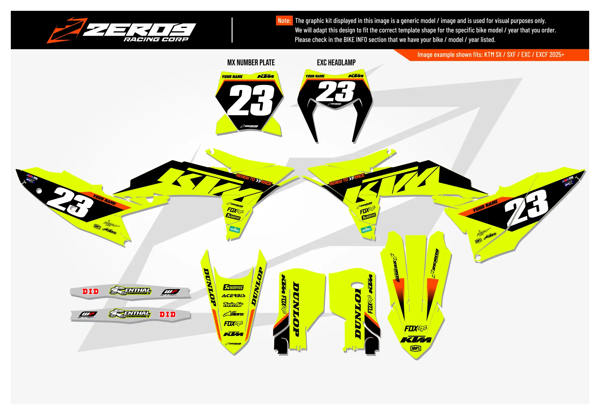 KTM graphics kit – Zeta Vivid Yellow – factory design – MX motocross – flat lay – #23.