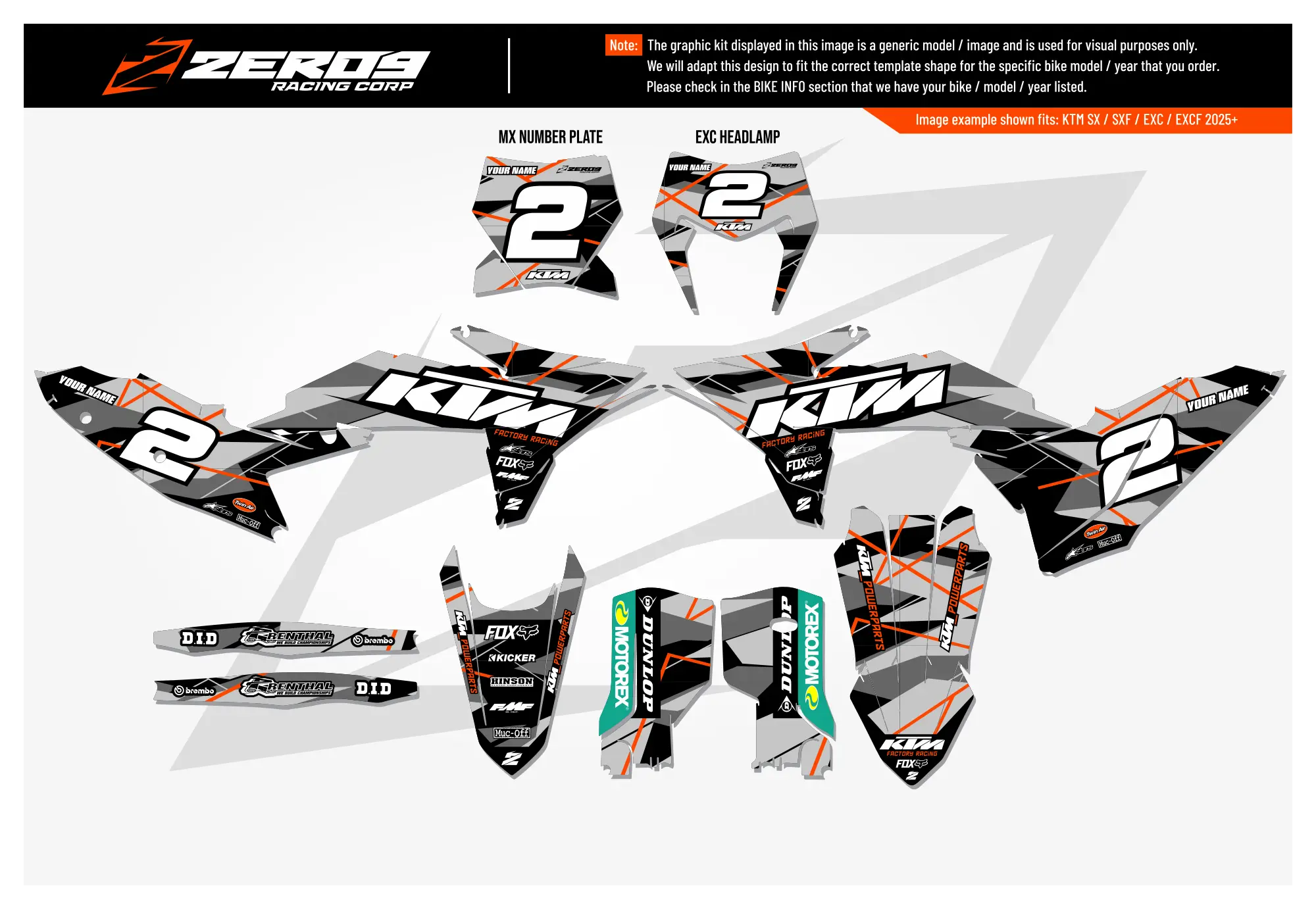 KTM graphics kit – Zinc Black/Grey – factory design – motocross – flat lay – #2.