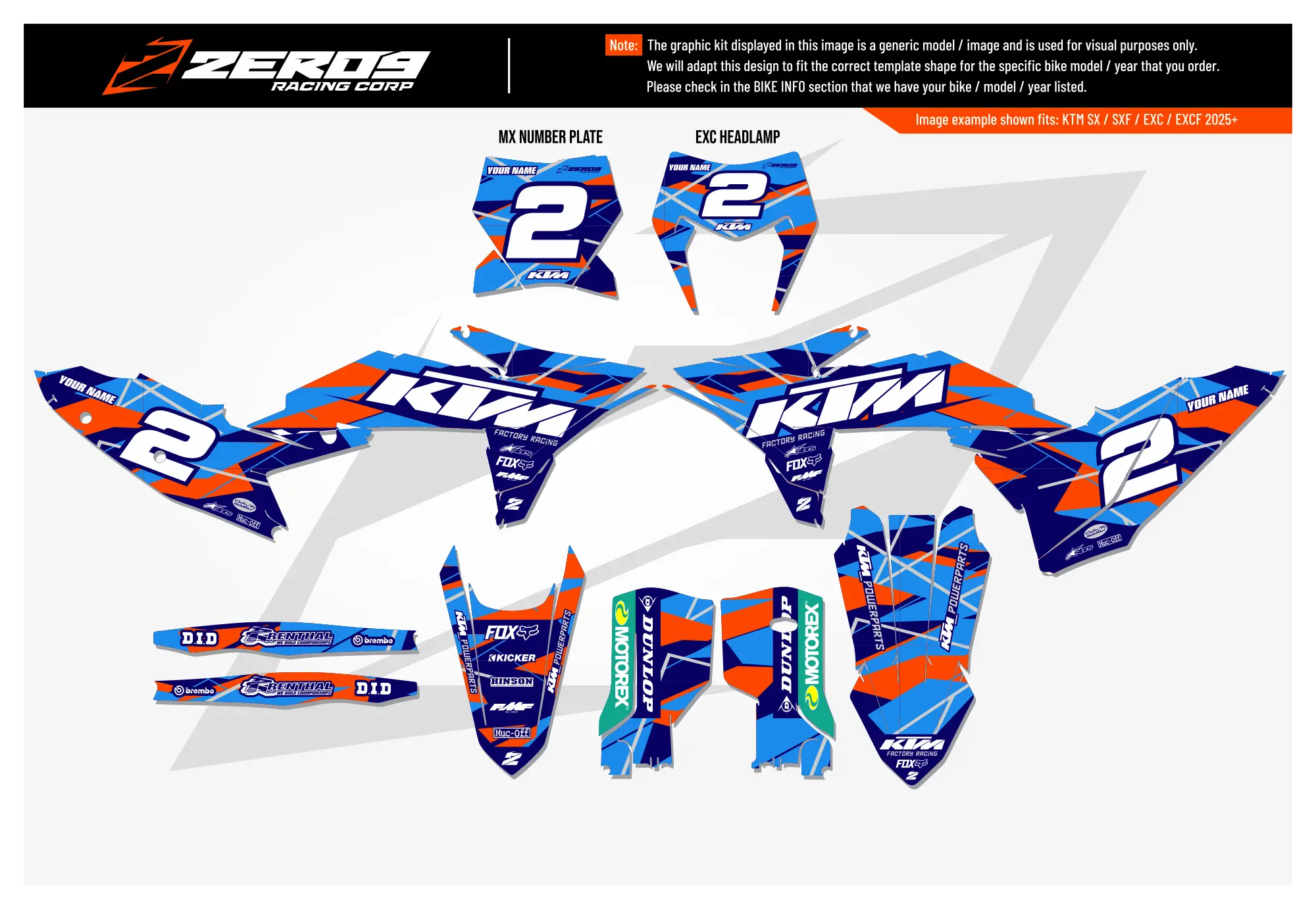 KTM graphics kit – Zinc Blue/Orange – factory design – #2 – SX motocross.