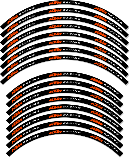 Multiple KTM Racing wheel rim strips arranged in a pattern on a white background.