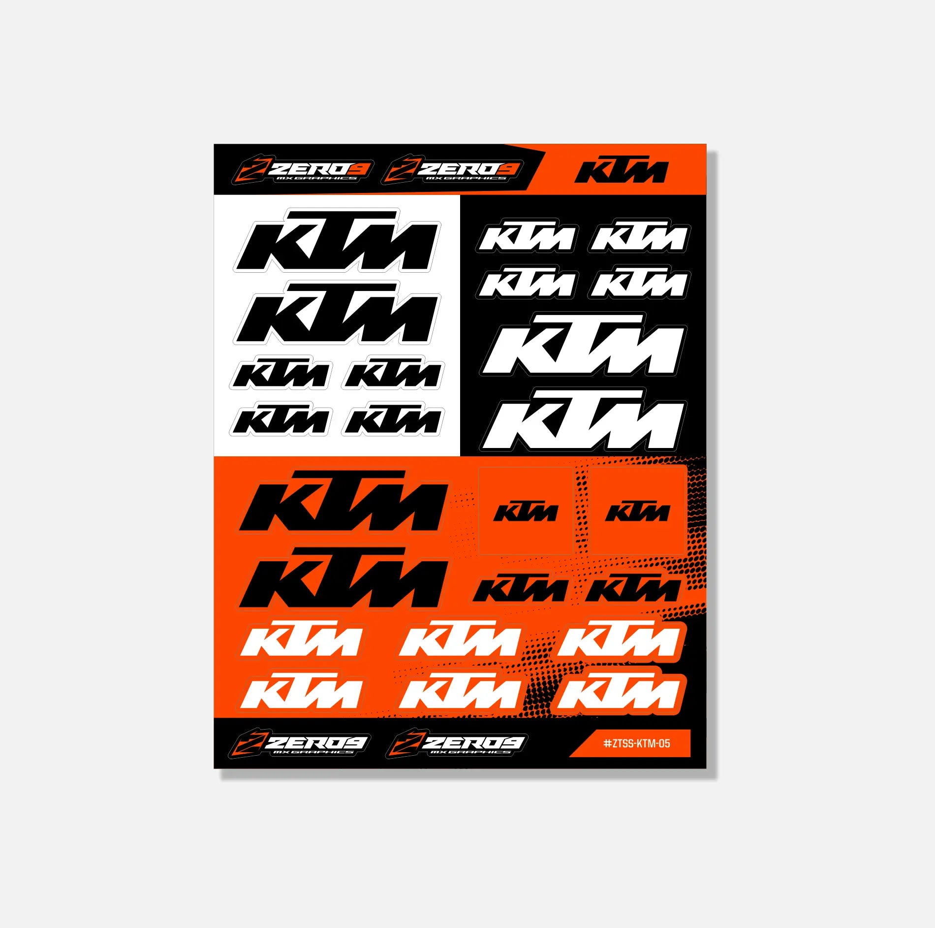KTM sticker sheet featuring various black, white, and orange mx graphics logos from ZERO9 MX GRAPHICS