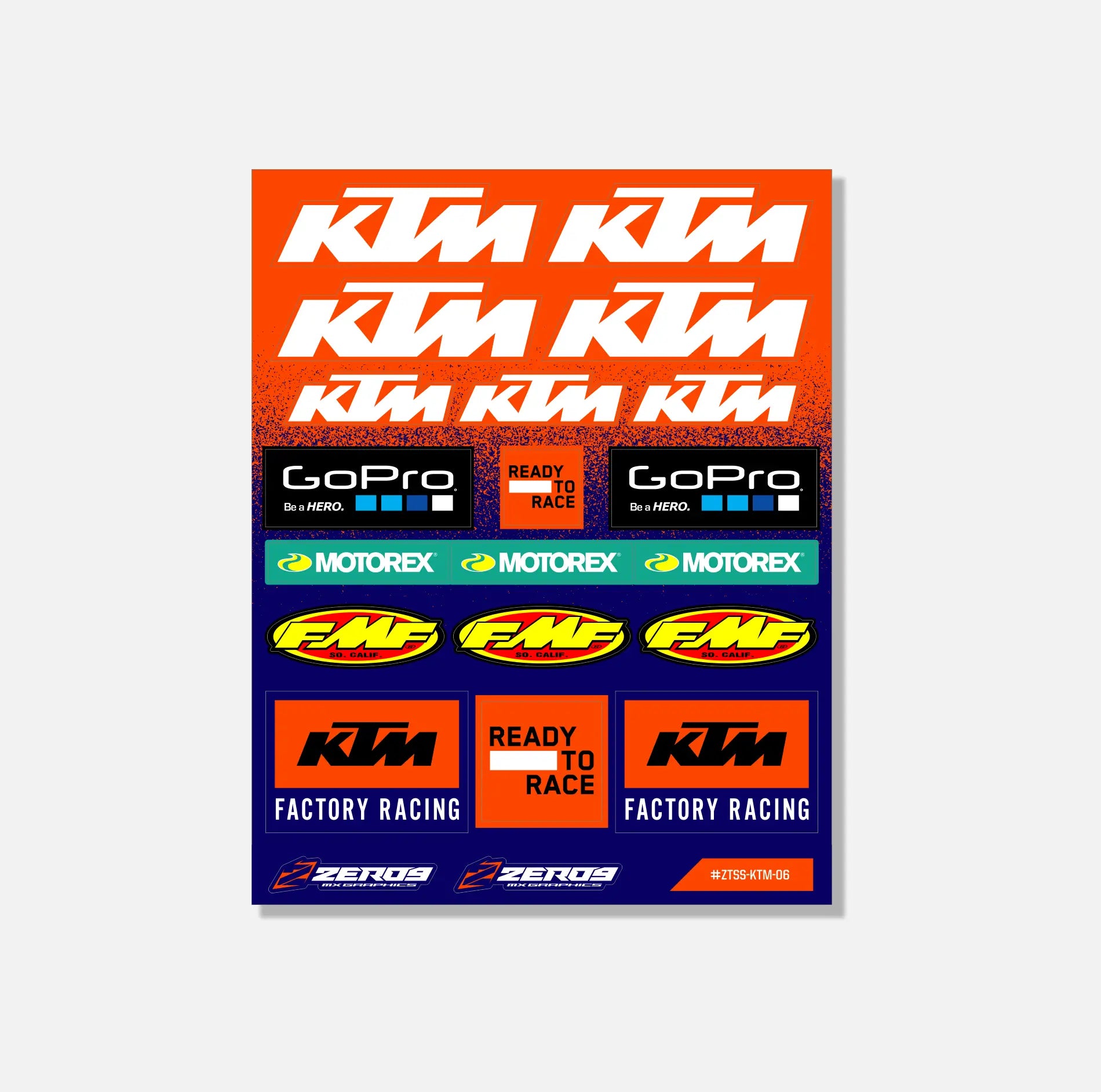 KTM sticker sheet featuring logos and mx graphics including GoPro, Motorex, FMF, and Factory Racing designs