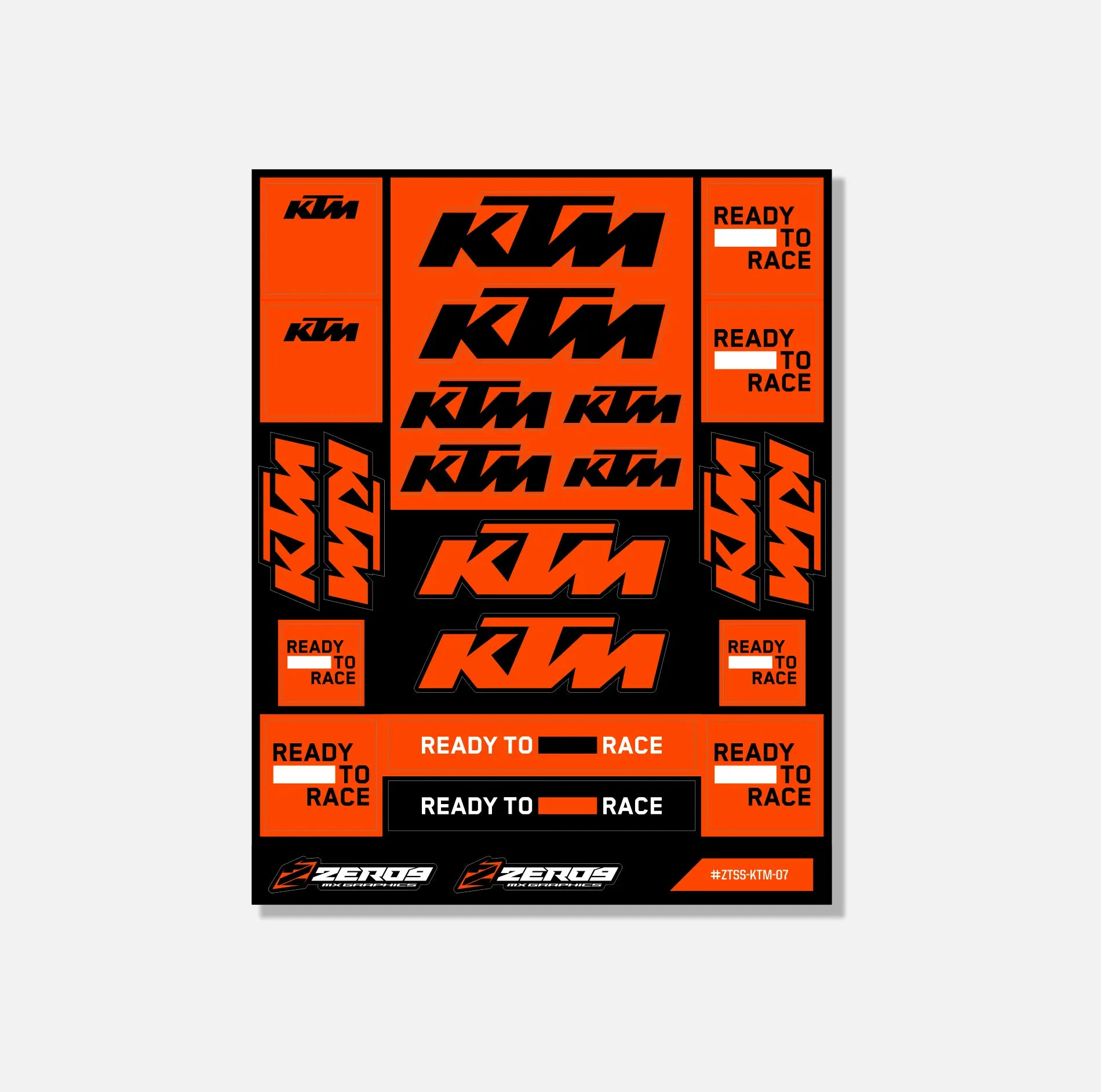 KTM sticker sheet featuring multiple orange and black mx graphics with "Ready to Race" slogans and ZERO9 branding.