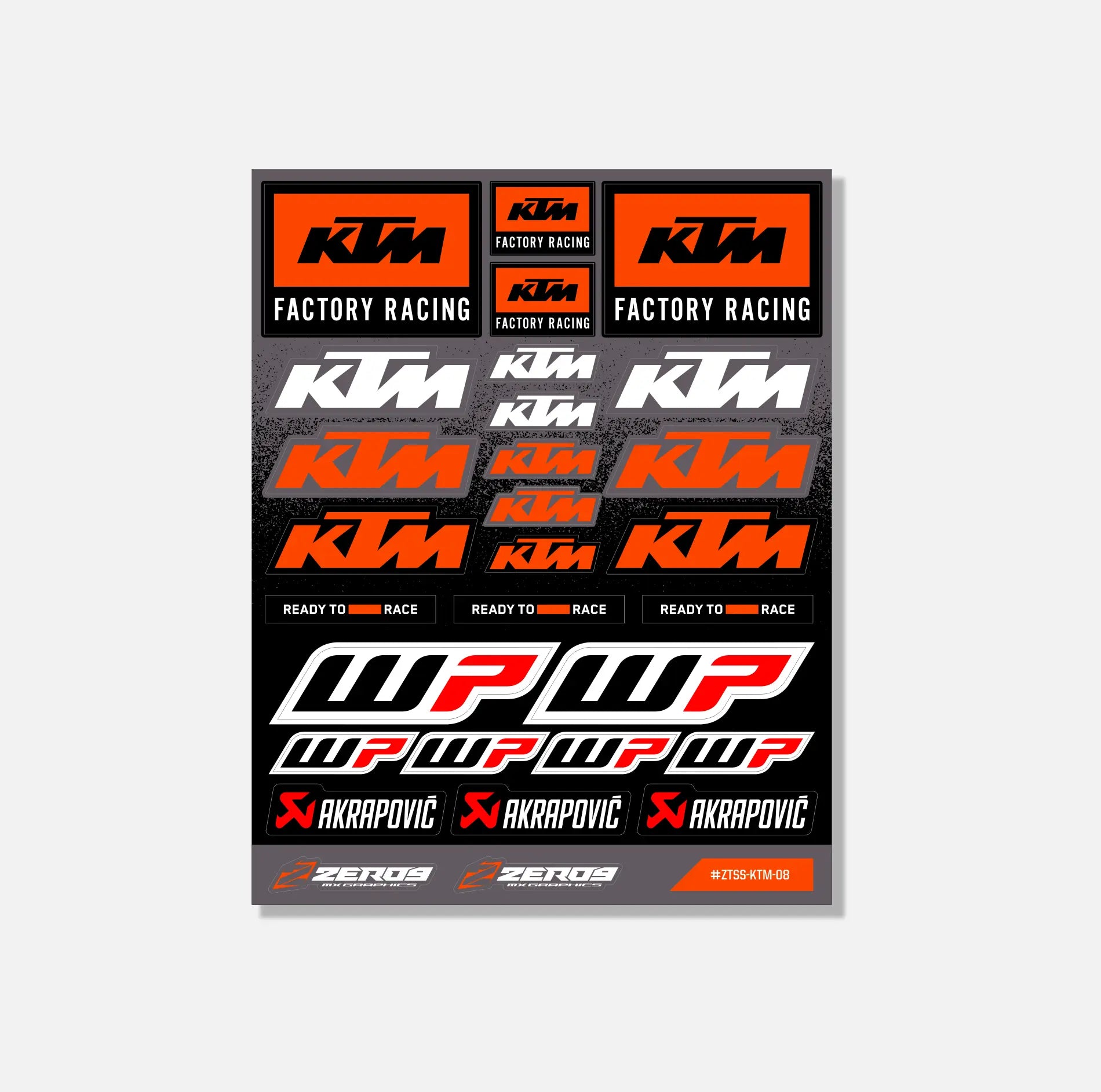 KTM sticker sheet featuring orange, black, and white mx graphics with factory racing and Akrapovic logos.