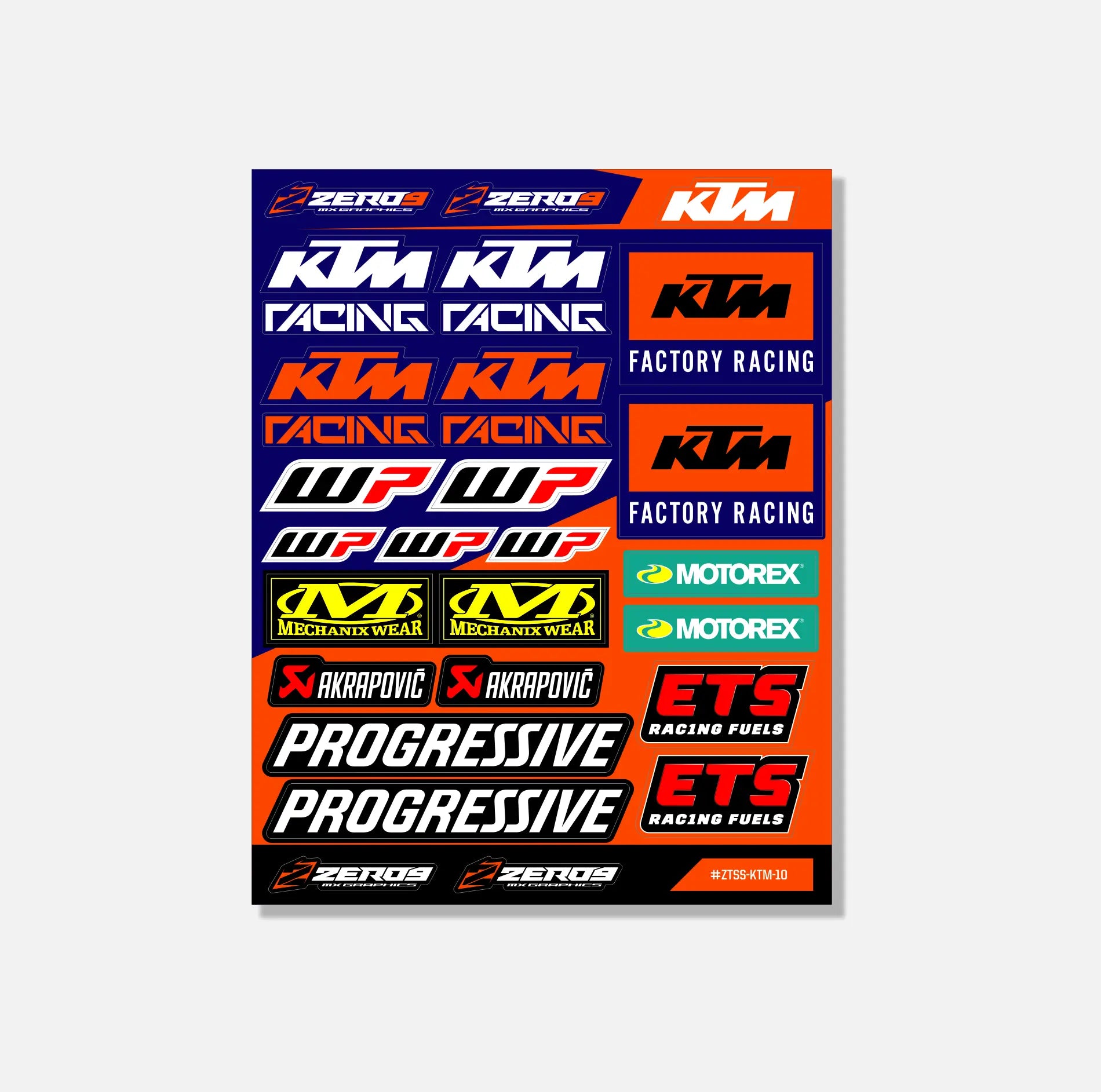 Sheet of KTM sticker decals including Racing, Factory Racing, WP, Motorex, Akrapovic, and ETS logos with MX graphics style