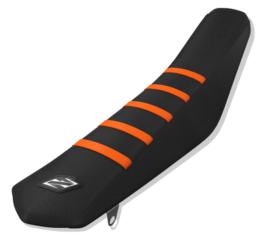 Black motorcycle seat cover with orange stripes and a brand logo on a white background