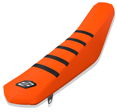 Orange motorcycle seat cover with black accents on a white background