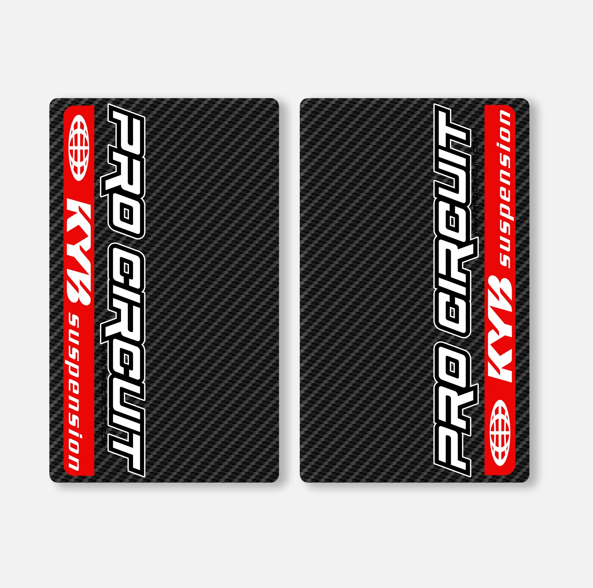 Two black motocross KYB fork decals with a carbon fibre effect and white text 'PRO CIRCUIT' on them.