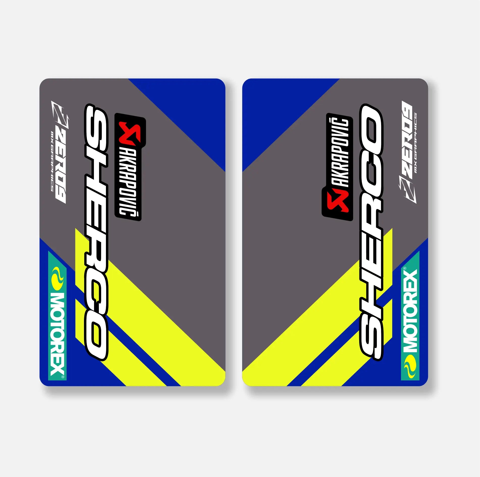Two Sherco motorcycle decals with Arrows and Motorex logos on a gray background