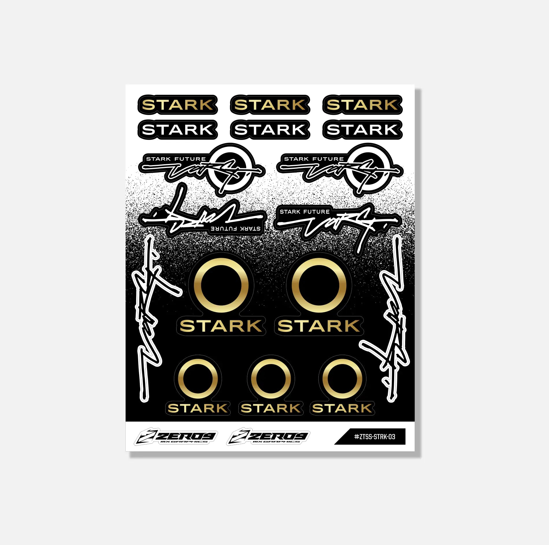 Stark Varg Sticker sheet featuring black and gold STARK designs with MX graphics style and logos.