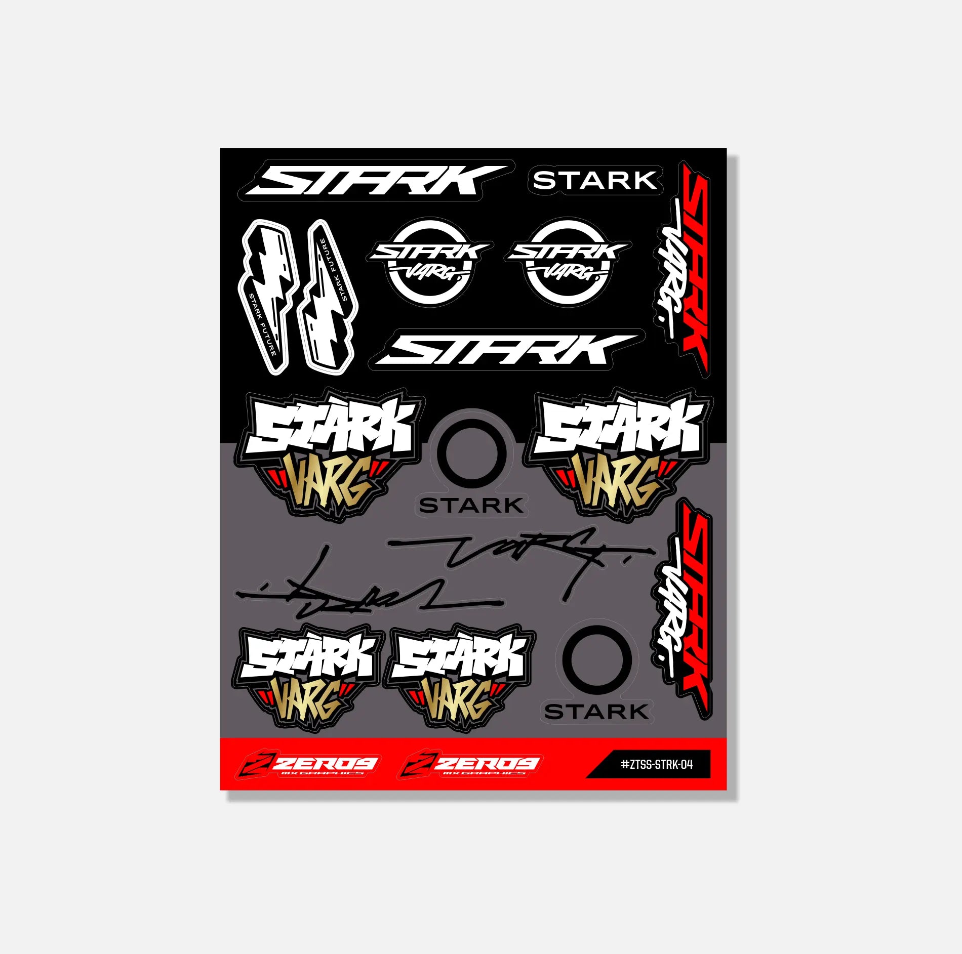 STARK VARG sticker sheet featuring bold logo designs and MX graphics accents in black, white, red, and yellow colors.