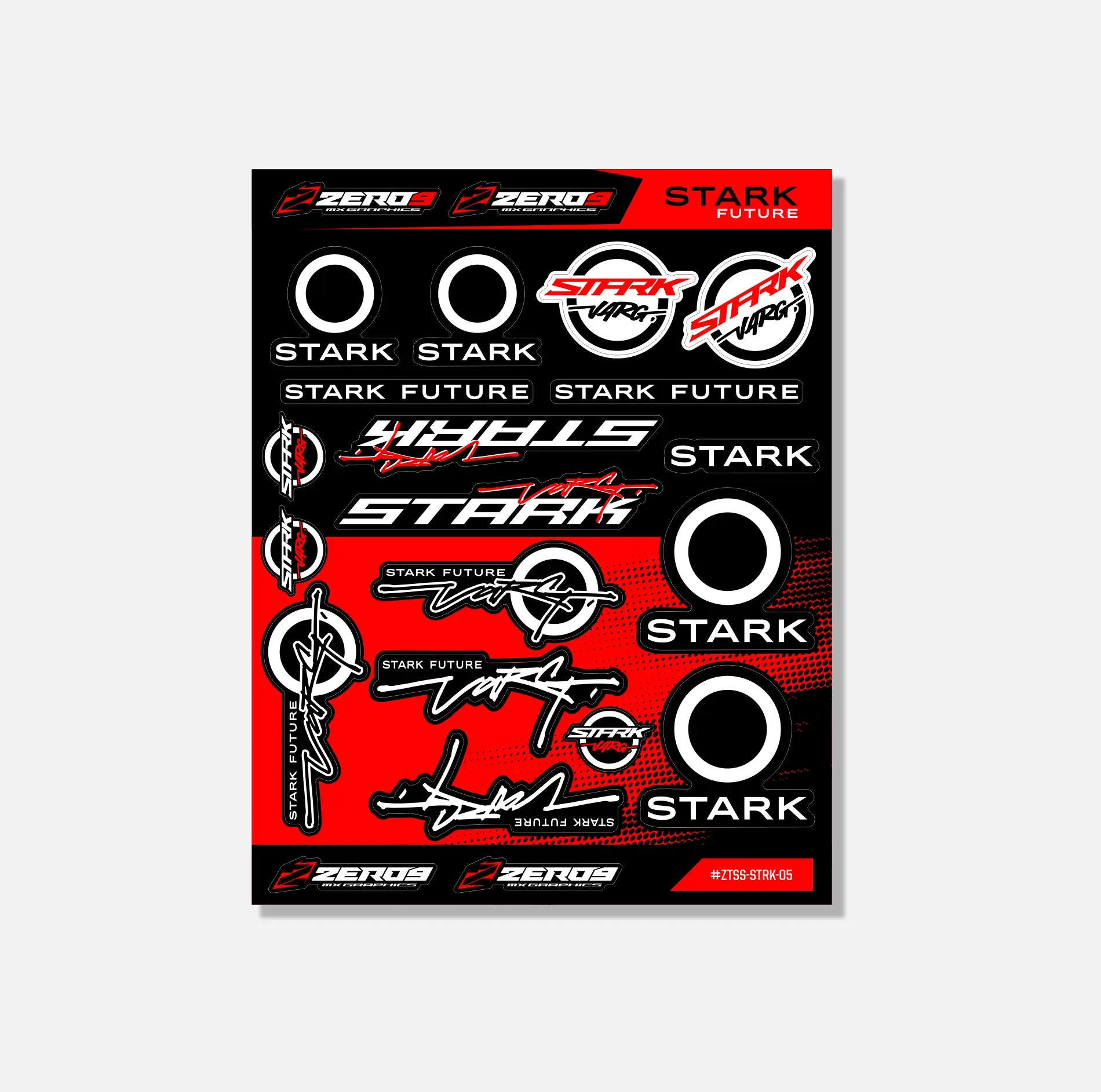 STARK VARG sticker sheet with black, white, and red mx graphics logos and branding elements