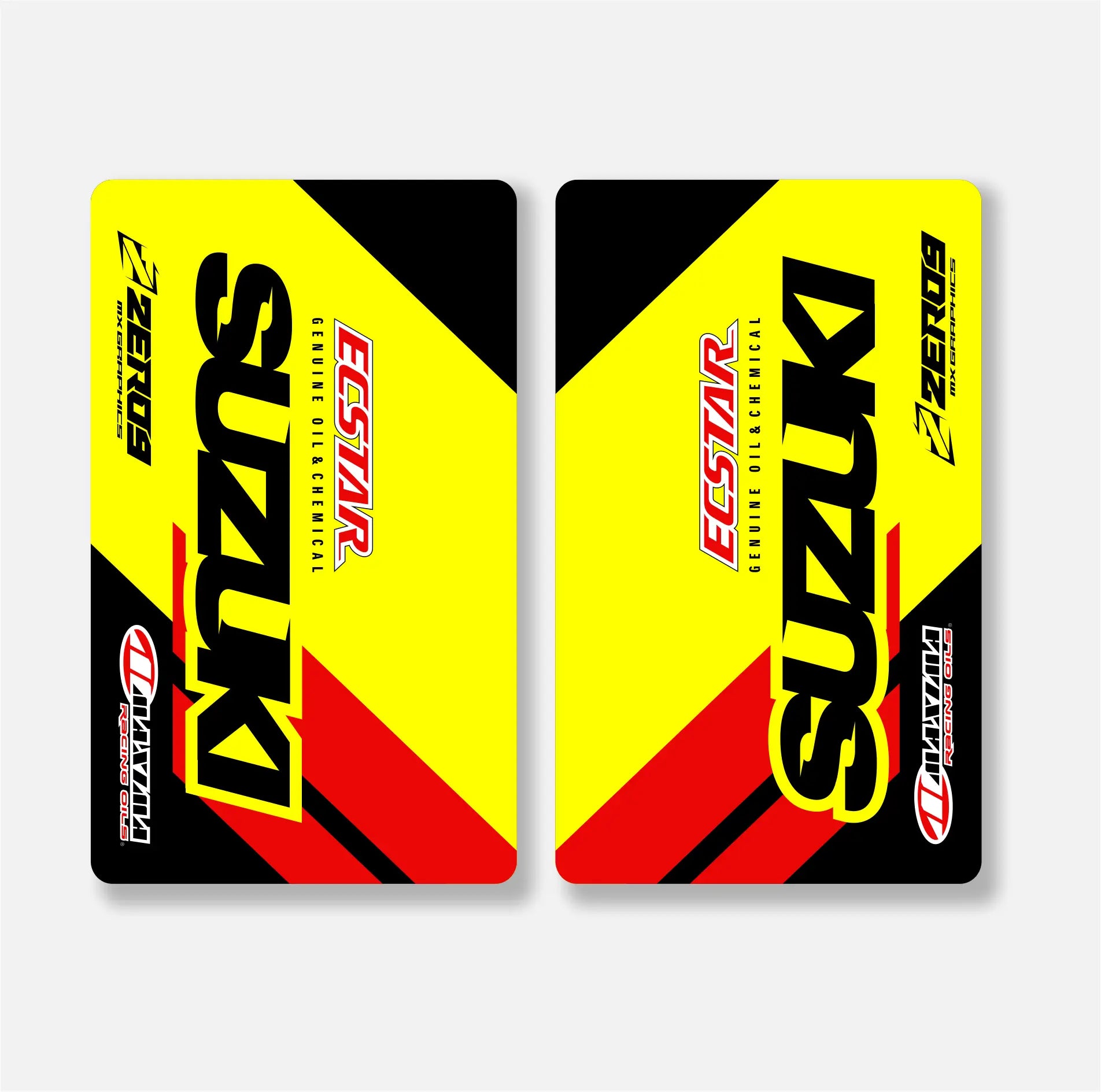 Two Suzuki fork decals with a yellow, black, and red design on a white background.